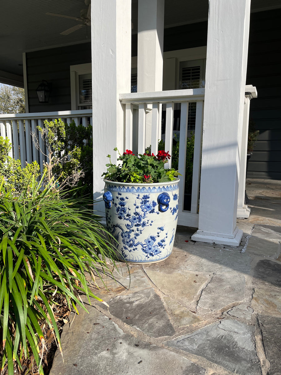 blue and white outdoor plant pots Antique-Style Blue and White Extra Large Planter with Tree Pattern