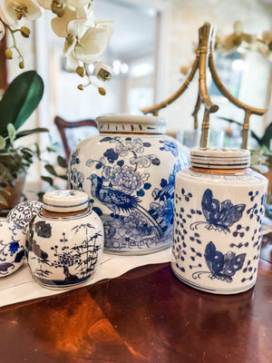 Shop Collectible Brooks for a curated selection of beautiful hand painted blue and white antique style ginger jars and porcelain!