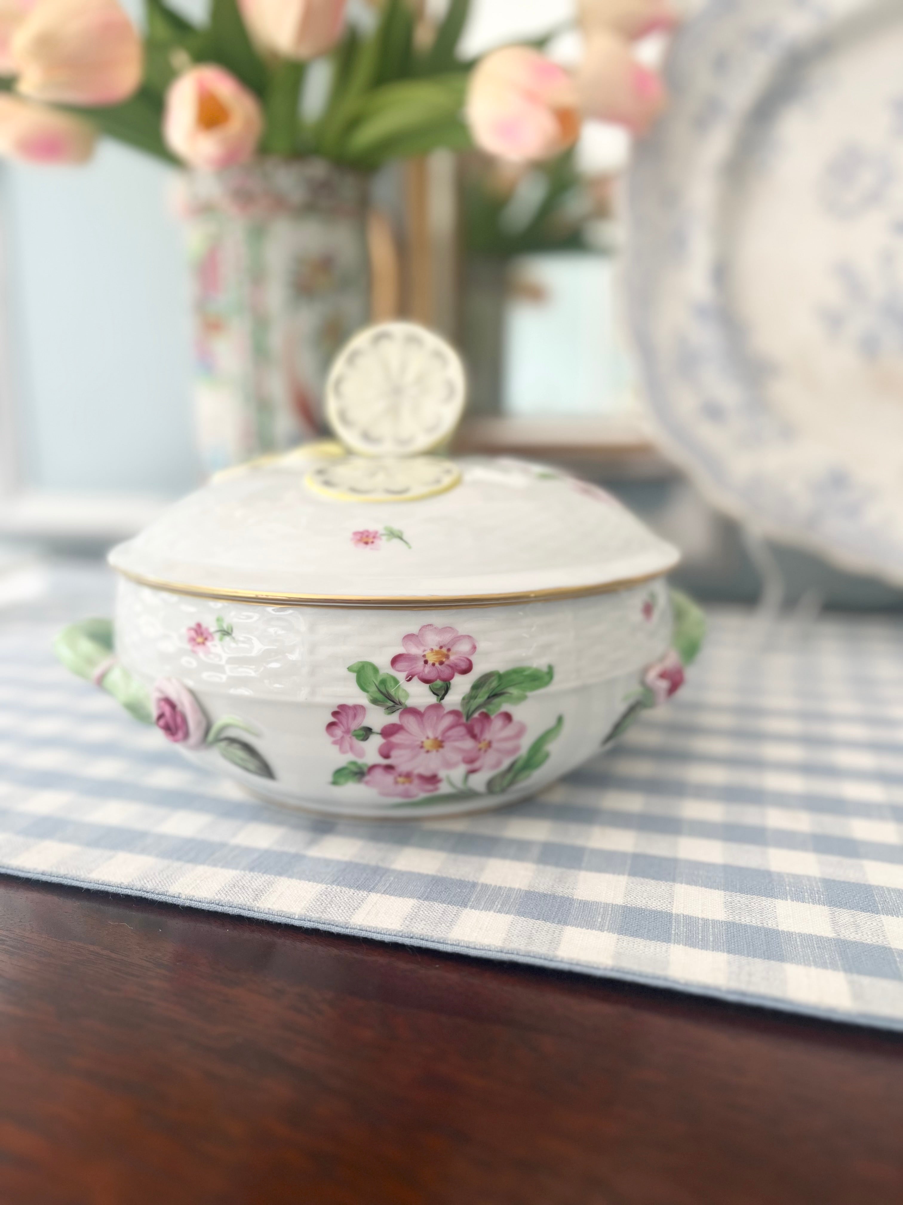 Vintage Herend Two-Piece Lidded Server with Lemon and Rose Motif, 8”