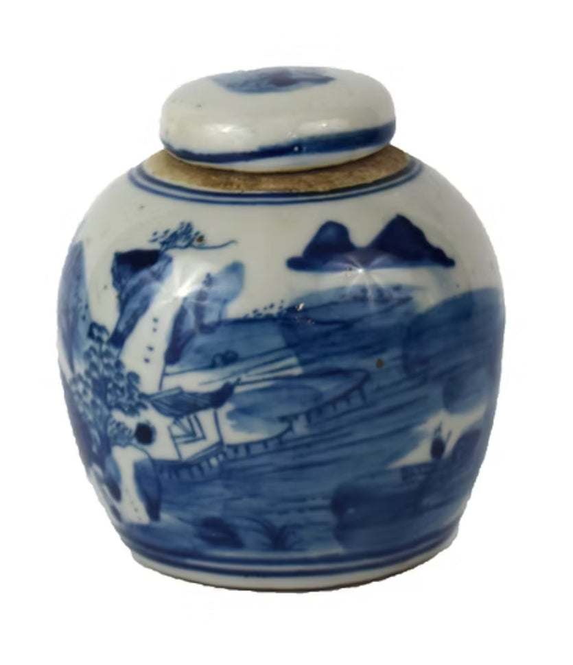 Antique-Style Blue and White Mini Landscape Ginger Jar