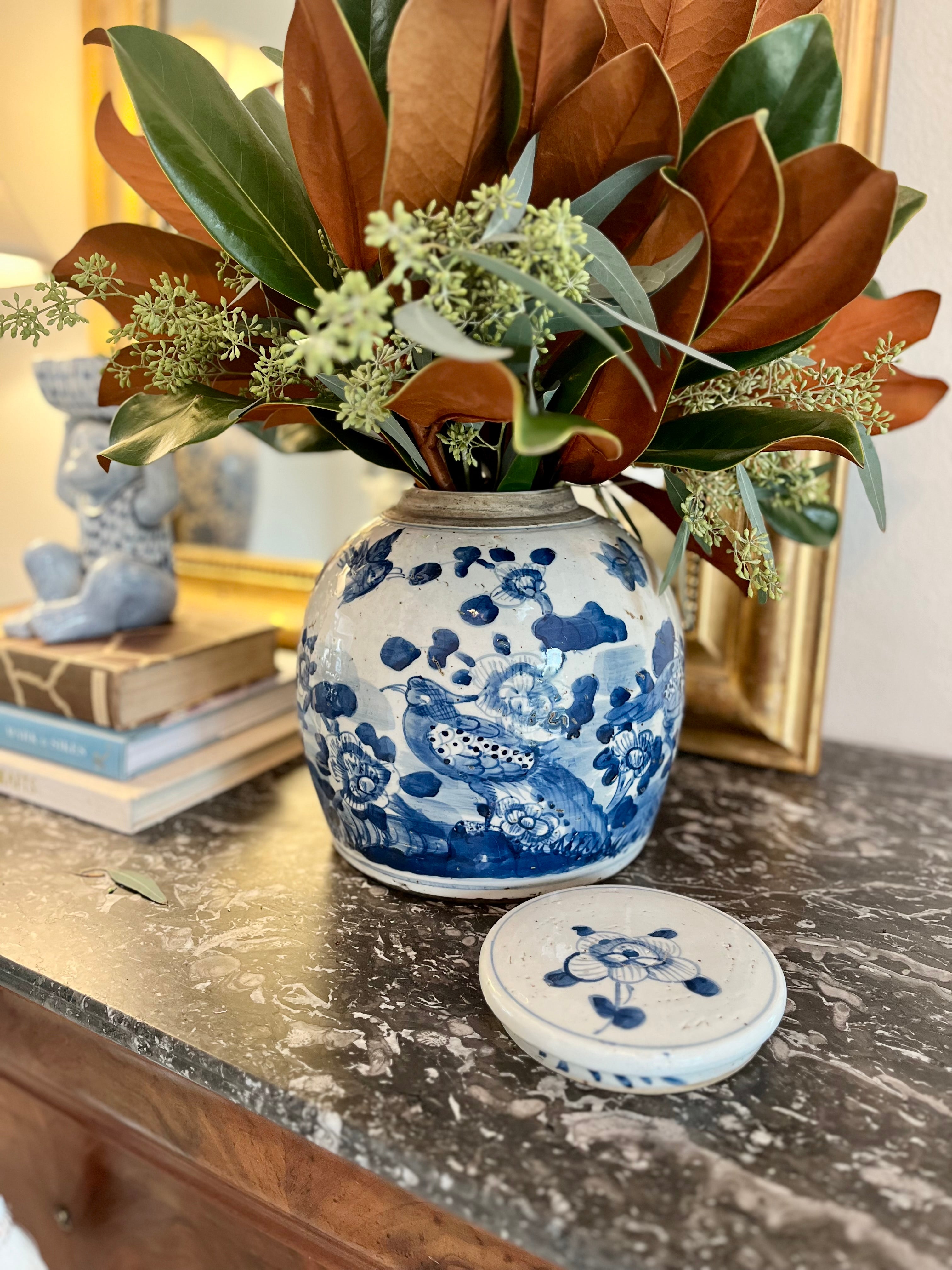 Antique-Style Blue & White Foot Stomp Bird Ginger Jar, 10”