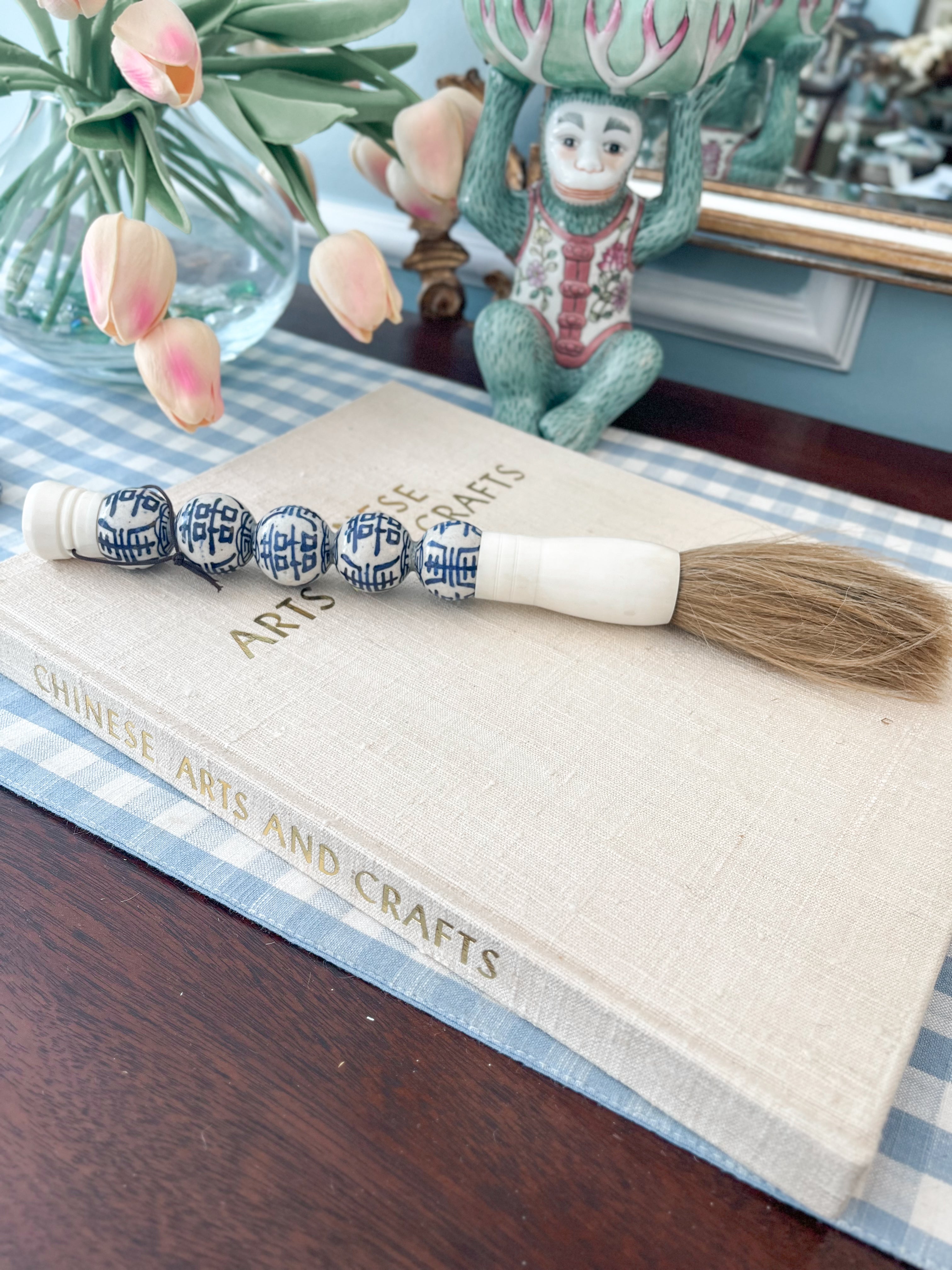 Antique- Style Calligraphy Brush with Blue and White Beads, 11.5"