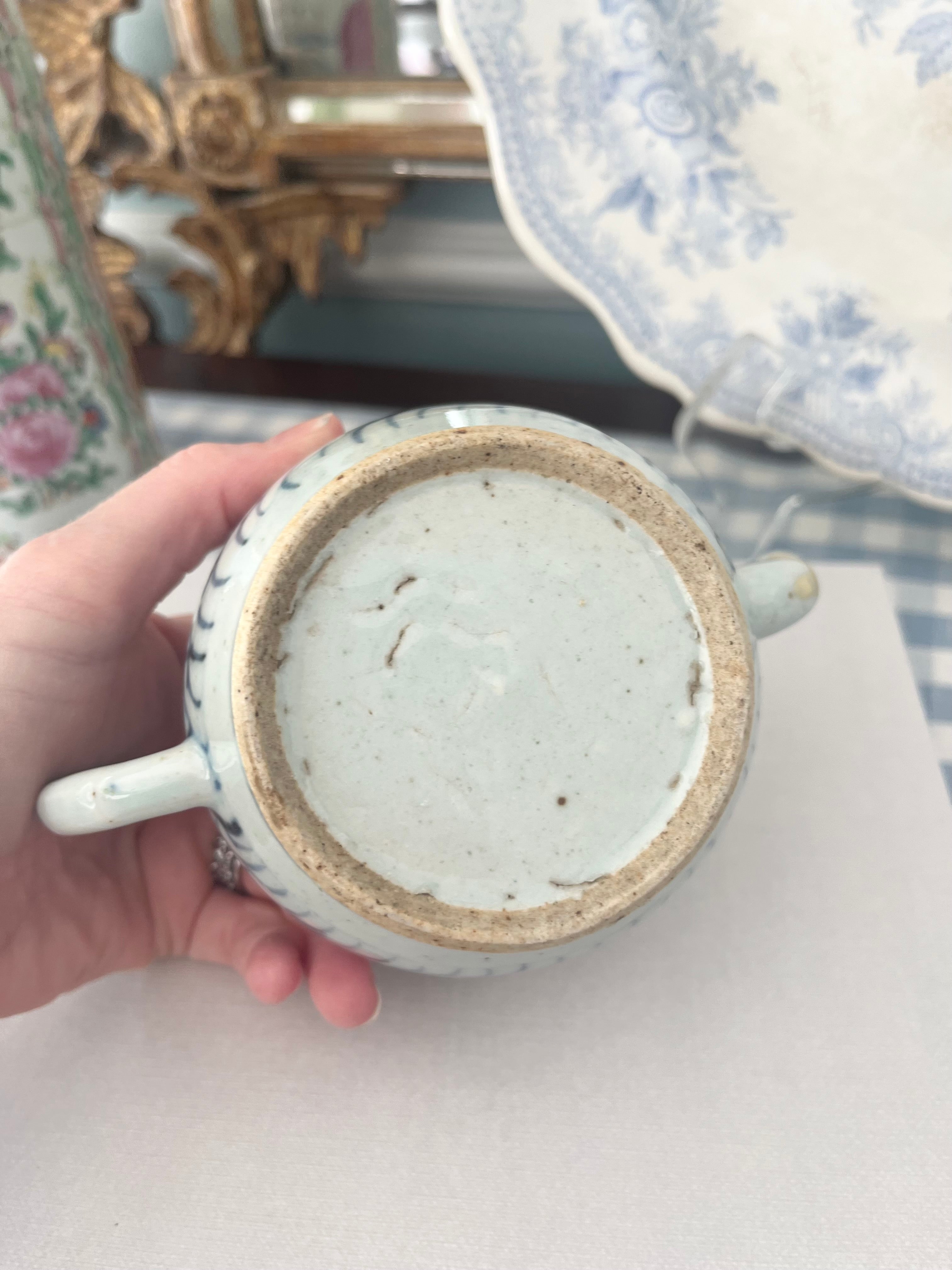 Antique Blue and White Porcelain Teapot with Peony and Filigree Motif