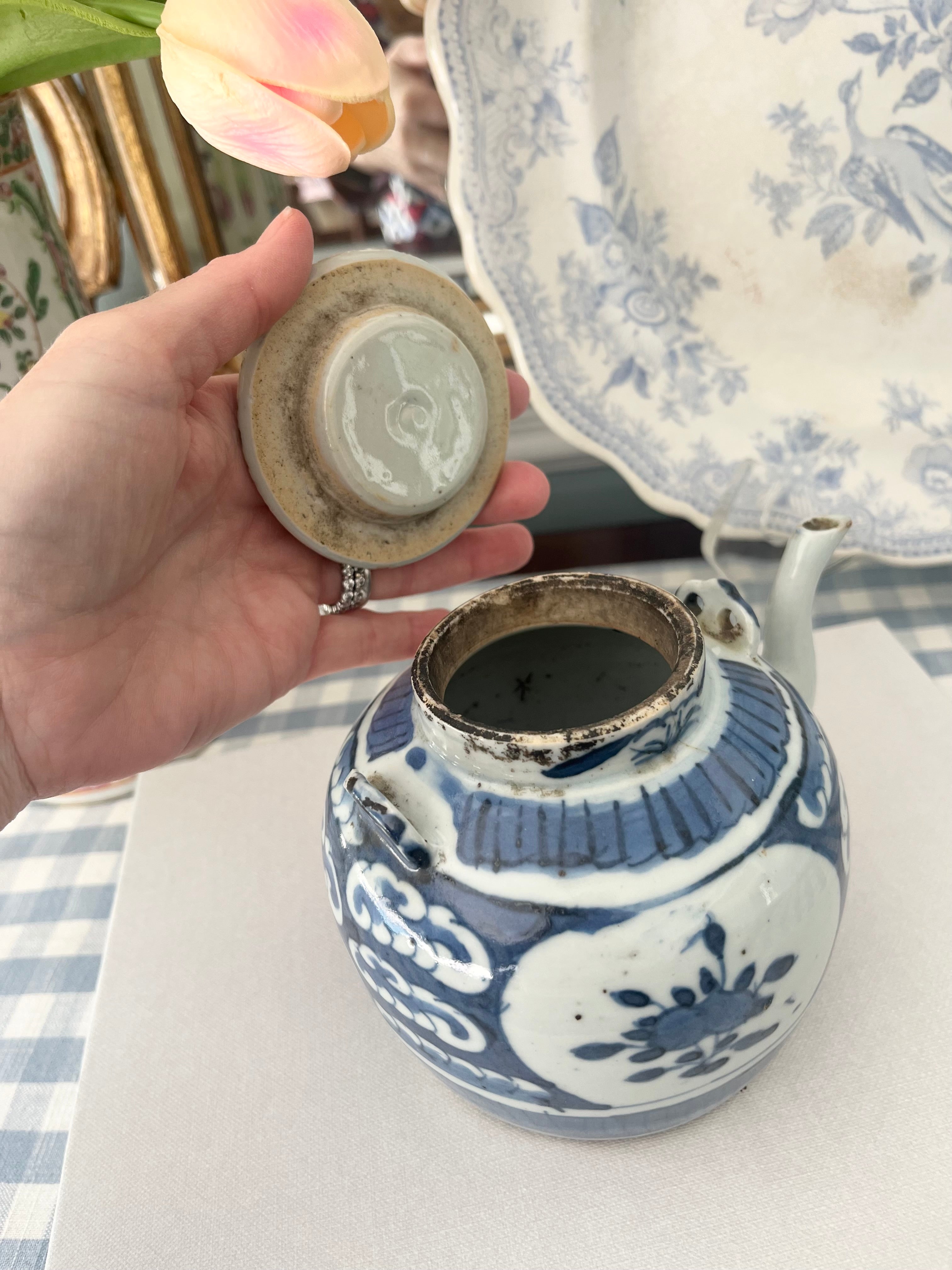Antique Blue and White Teapot with Floral and Wave Motif