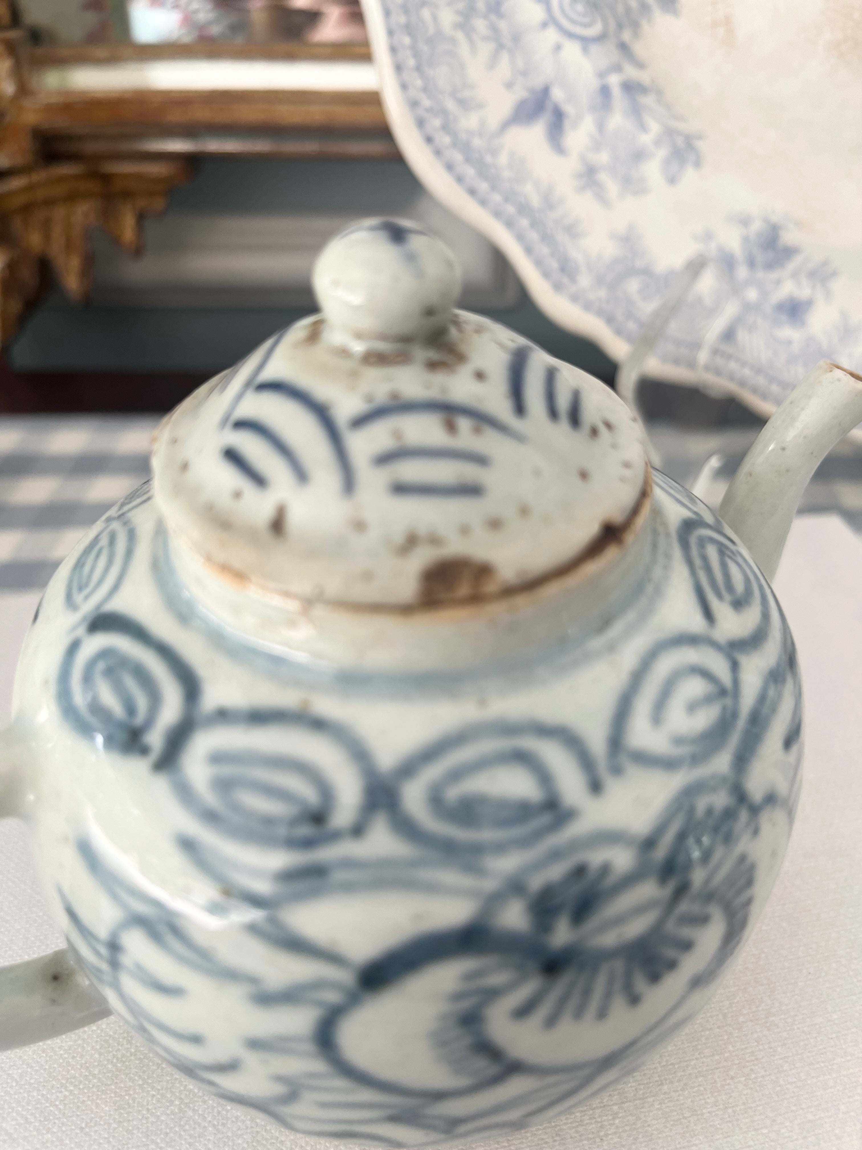Antique Blue and White Porcelain Teapot with Peony and Filigree Motif