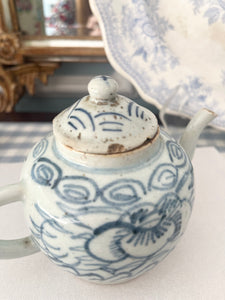 Antique Blue and White Porcelain Teapot with Peony and Filigree Motif