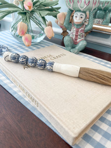 Antique- Style Calligraphy Brush with Blue and White Beads, 11.5"