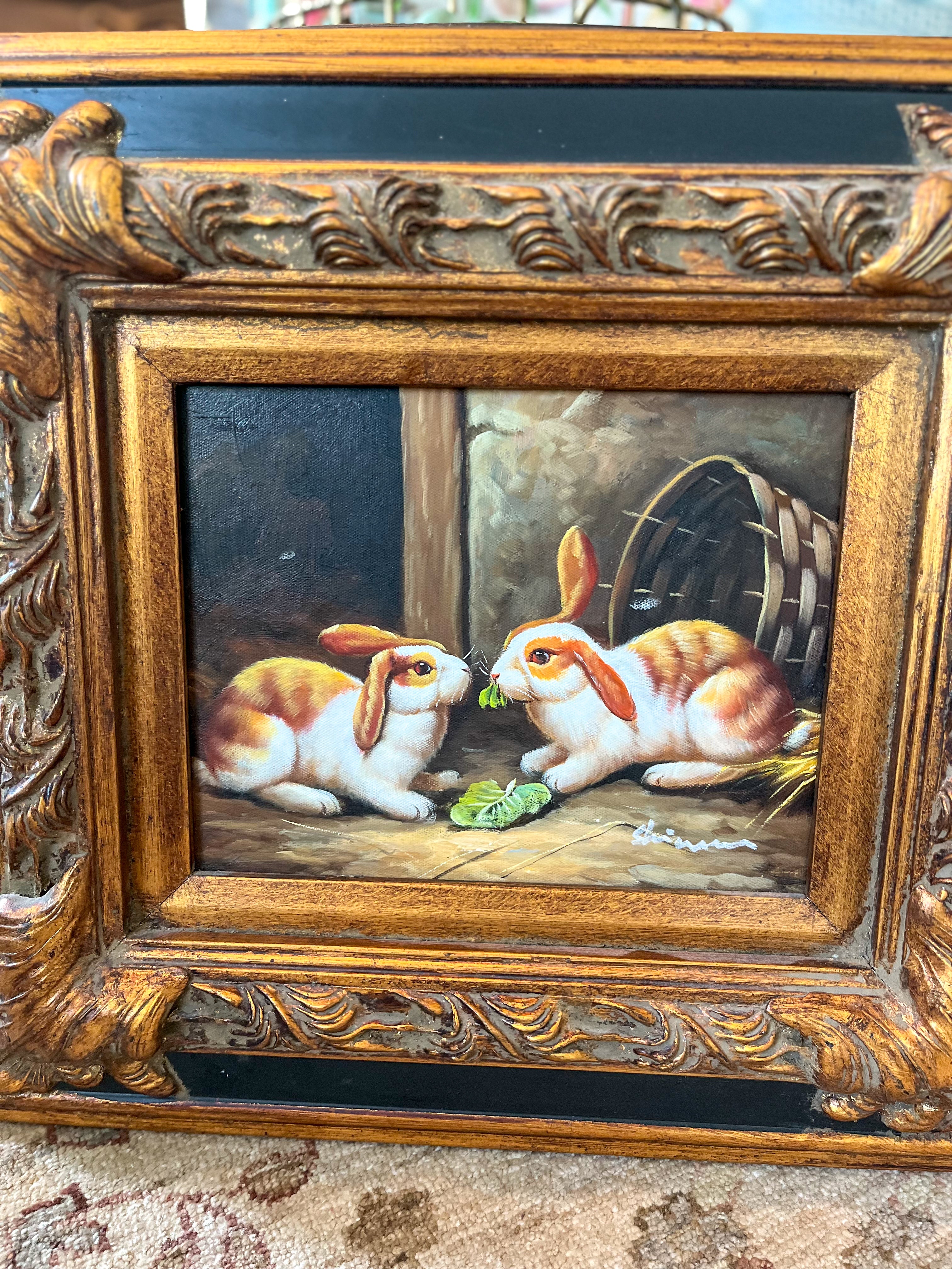 Hand Painted Oil with Elaborate Frame, Bunnies B, 18”x16”x1.5"