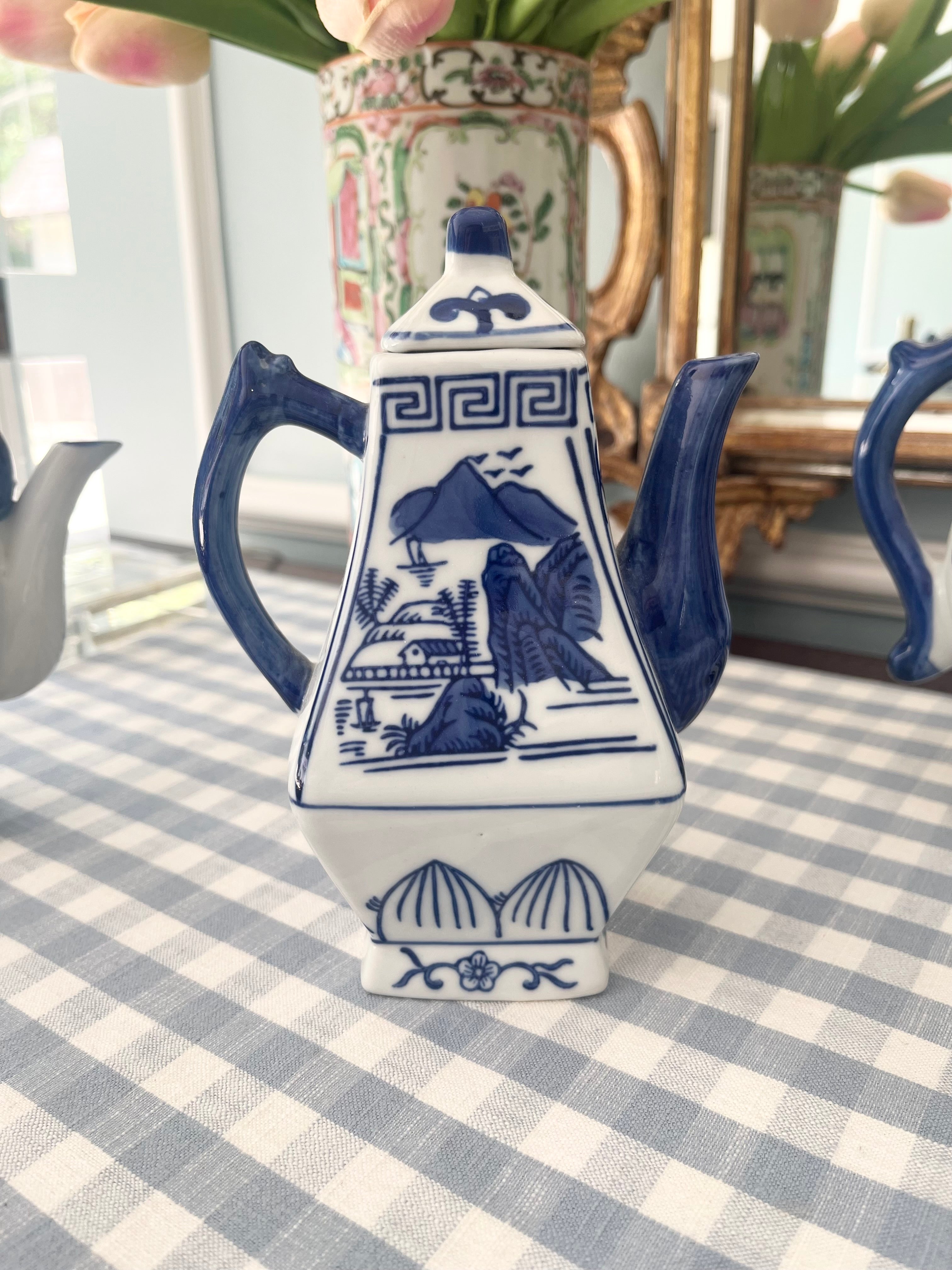Set of Three Blue and White Teapots