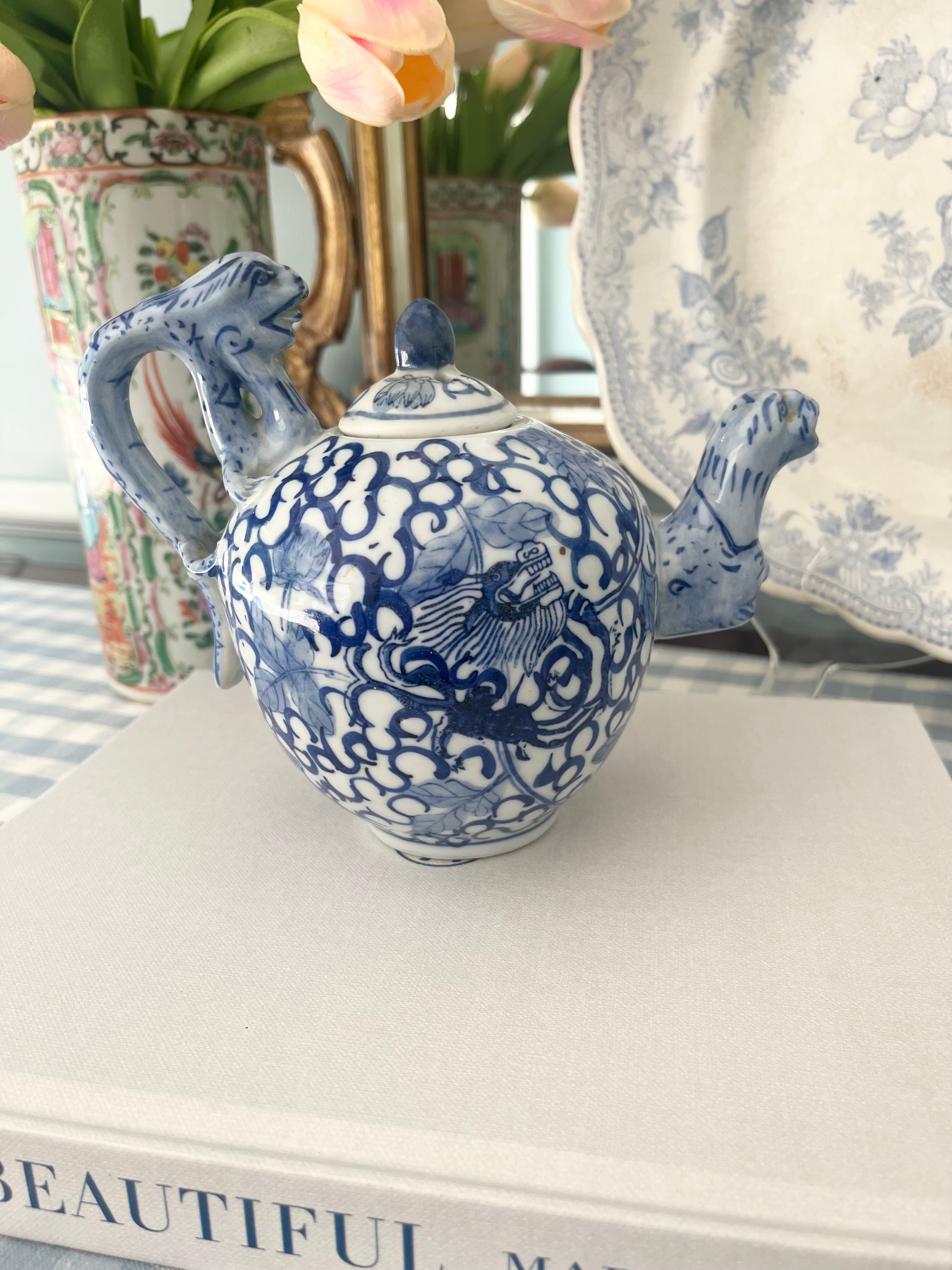 Vintage Blue and White Teapot with Foo Details