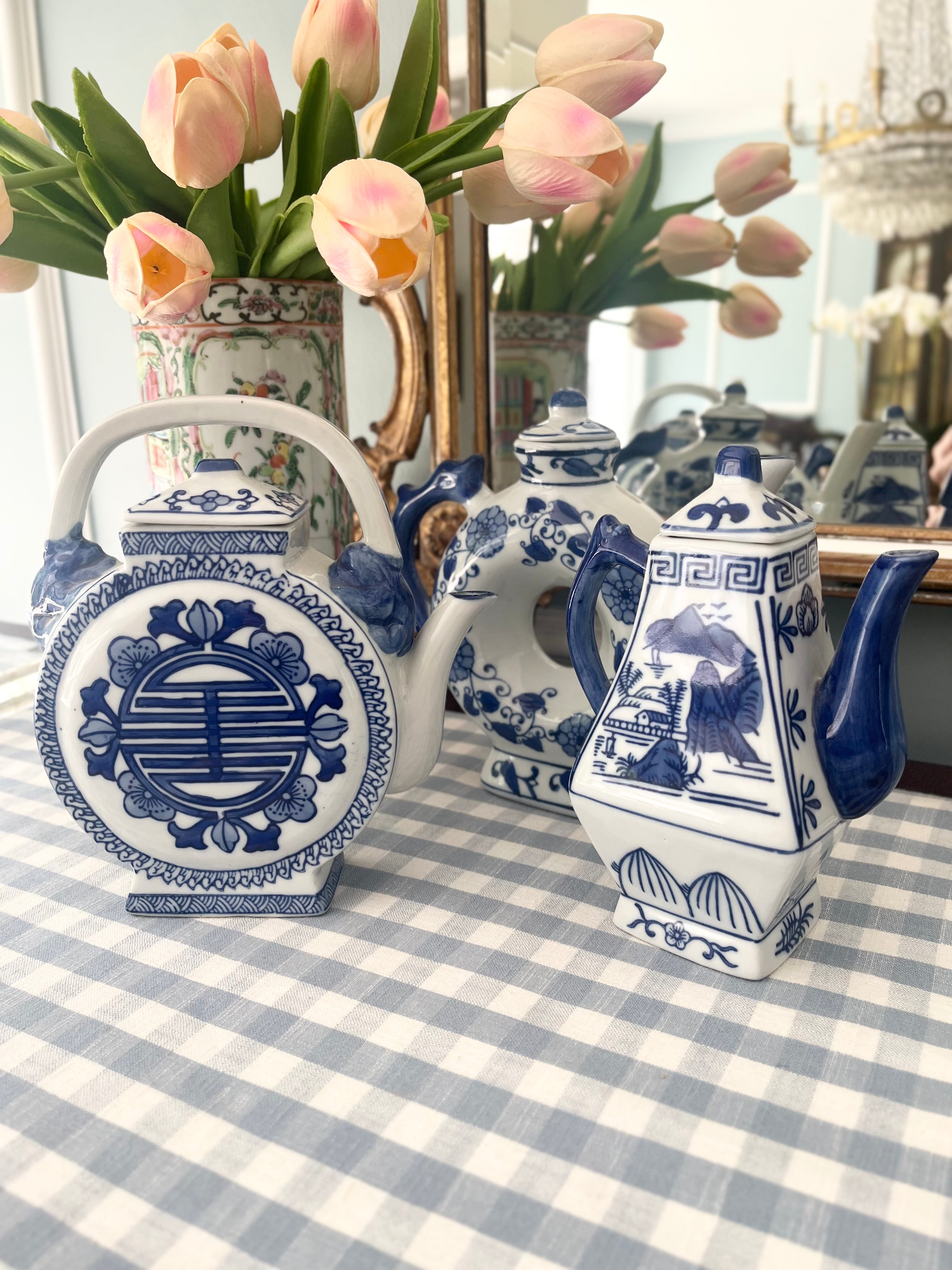 Set of Three Blue and White Teapots