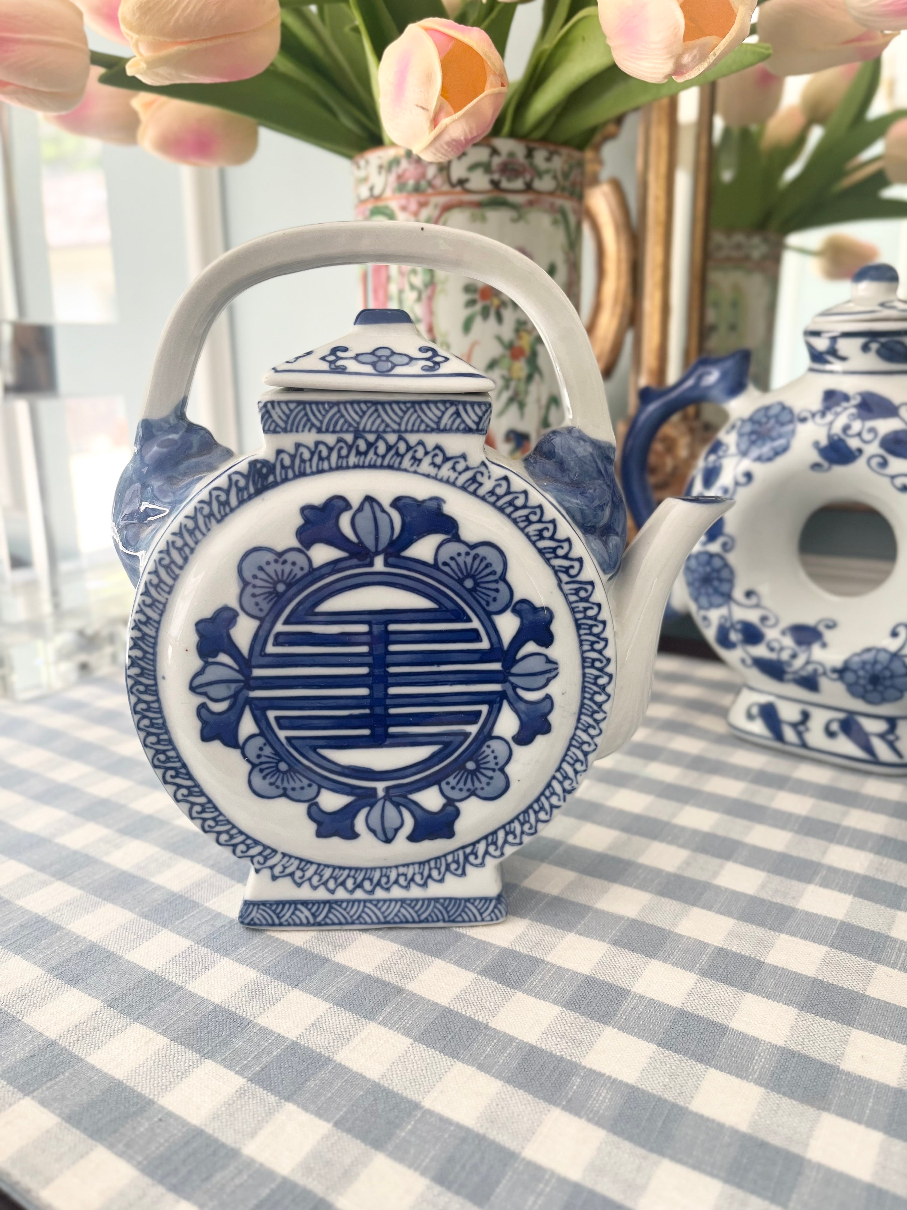 Set of Three Blue and White Teapots