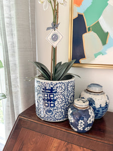 Antique-Style Blue and White Cache Pot with Double Happiness Pattern
