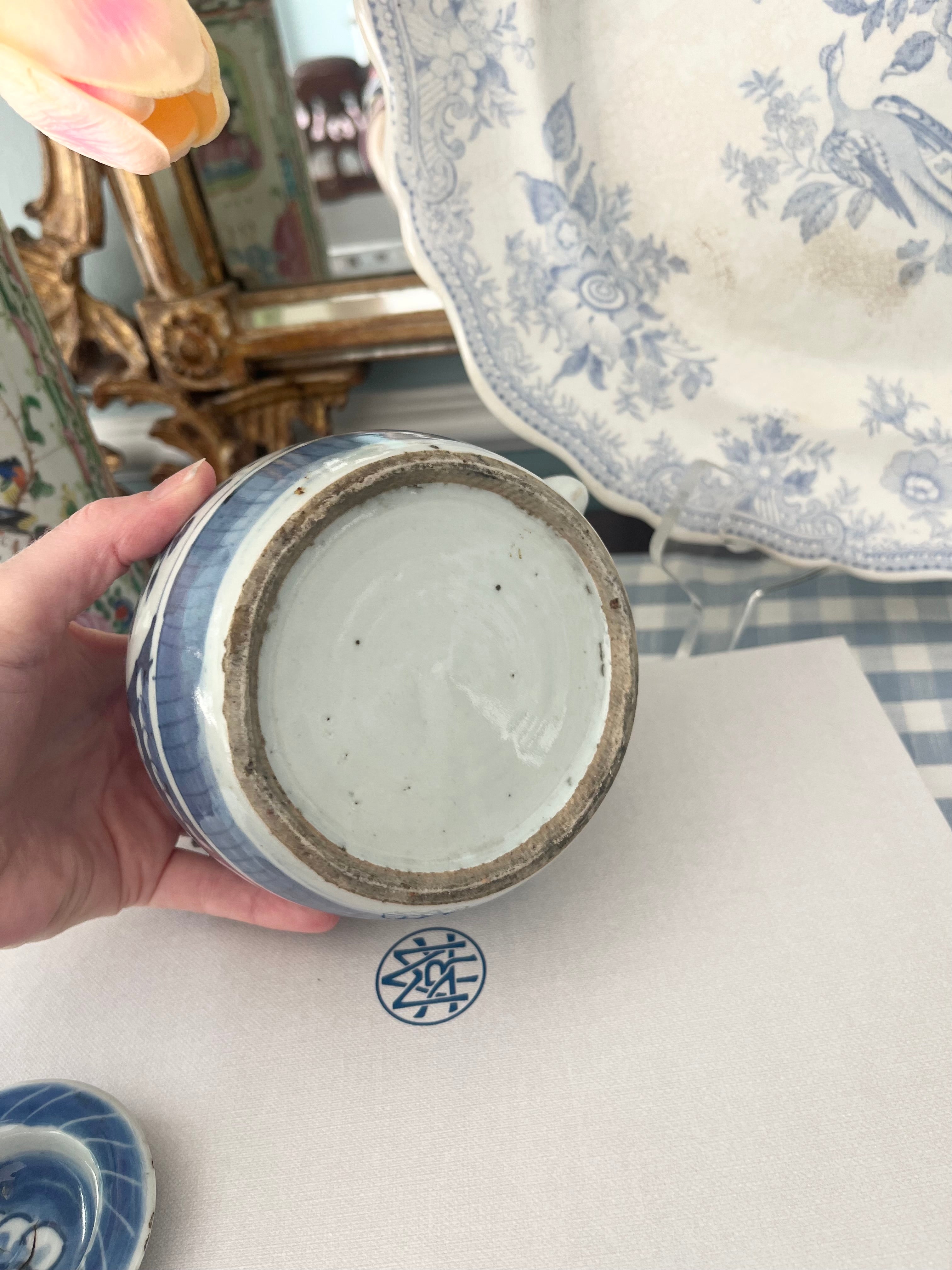 Antique Blue and White Teapot with Floral and Wave Motif