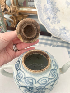Antique Blue and White Porcelain Teapot with Peony and Filigree Motif