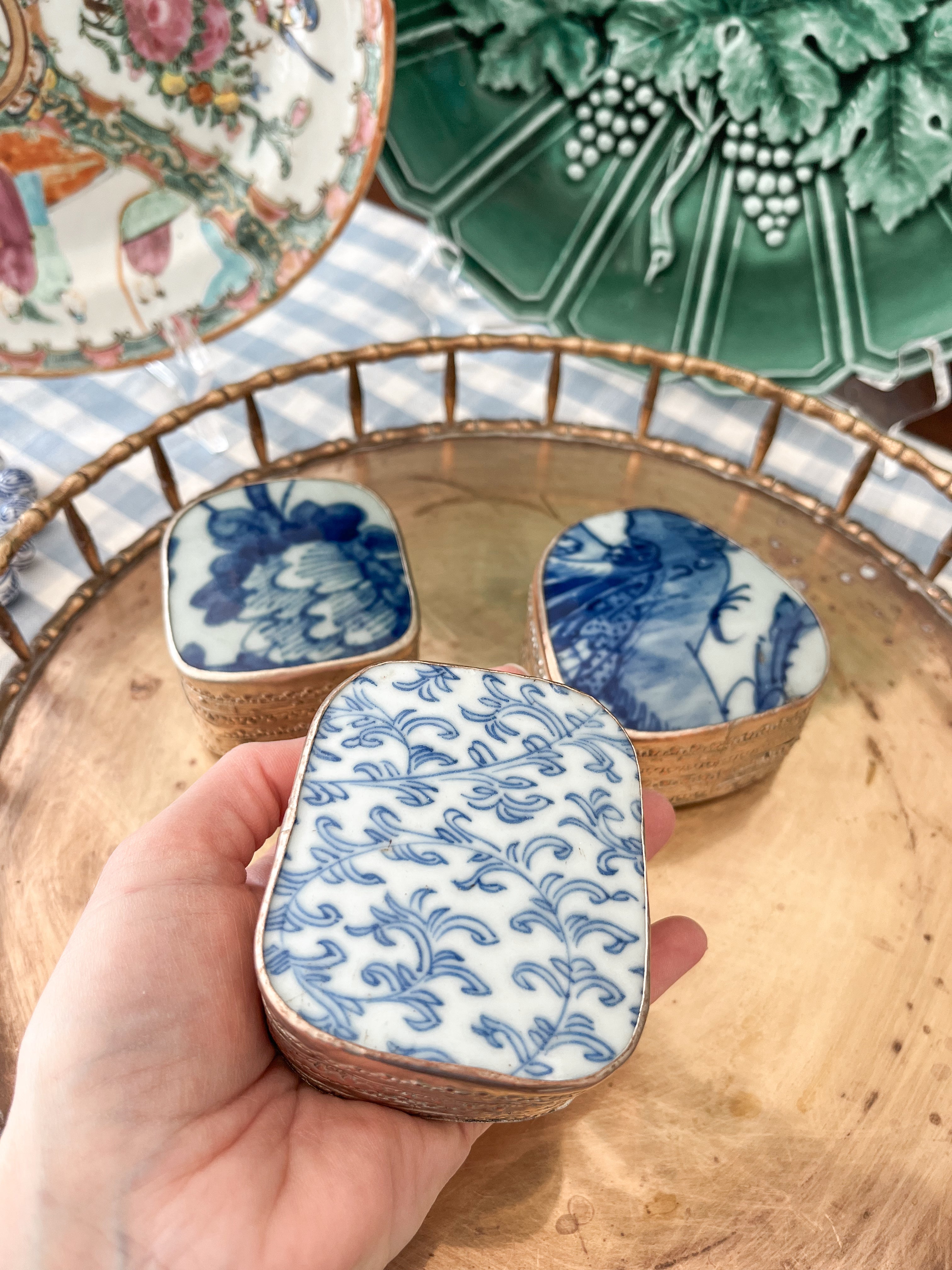 Vintage Trio of Blue and White Shard Boxes, 3"