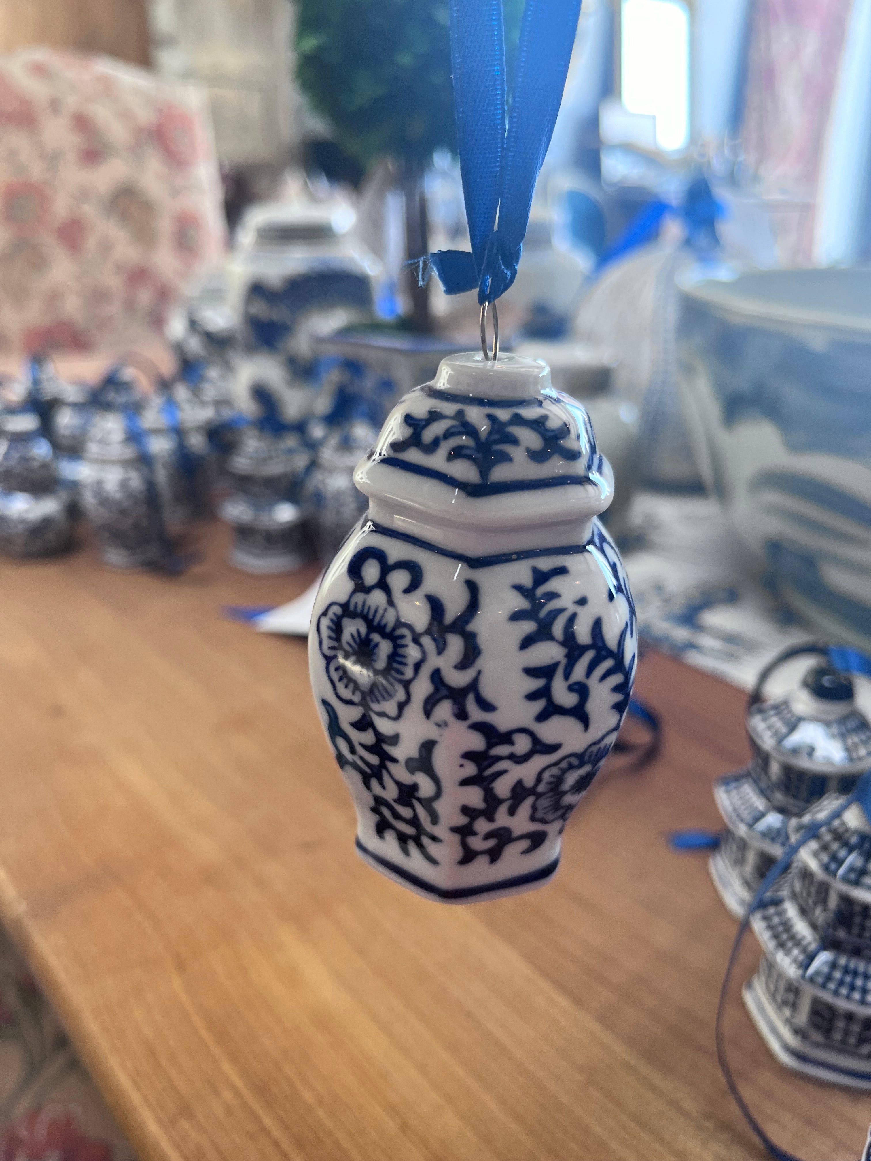 Blue and White Floral Temple Jar Ornament