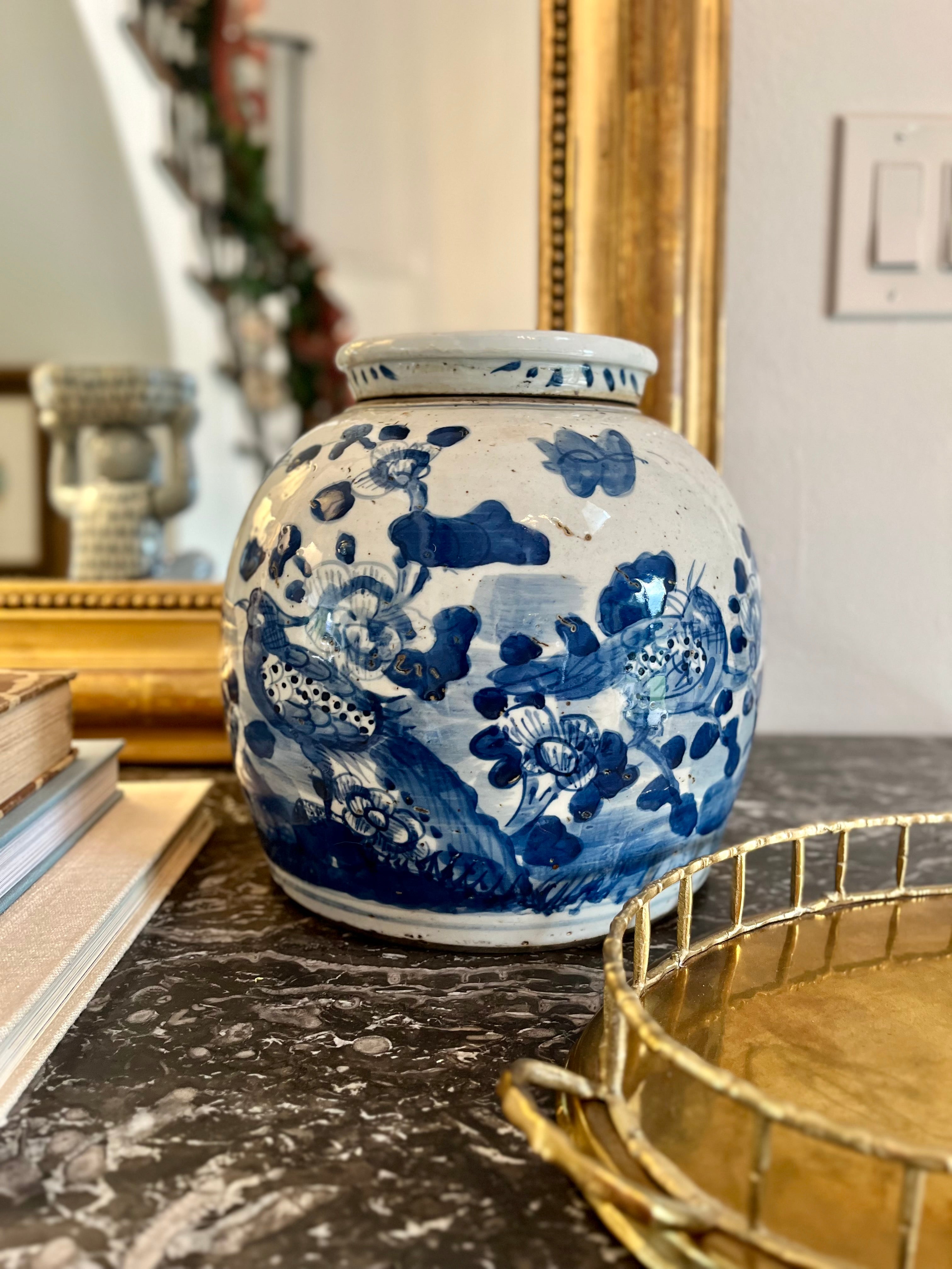 Antique-Style Blue & White Foot Stomp Bird Ginger Jar, 10”