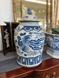 Antique-Style Blue & White Phoenix Temple Jar, 19”