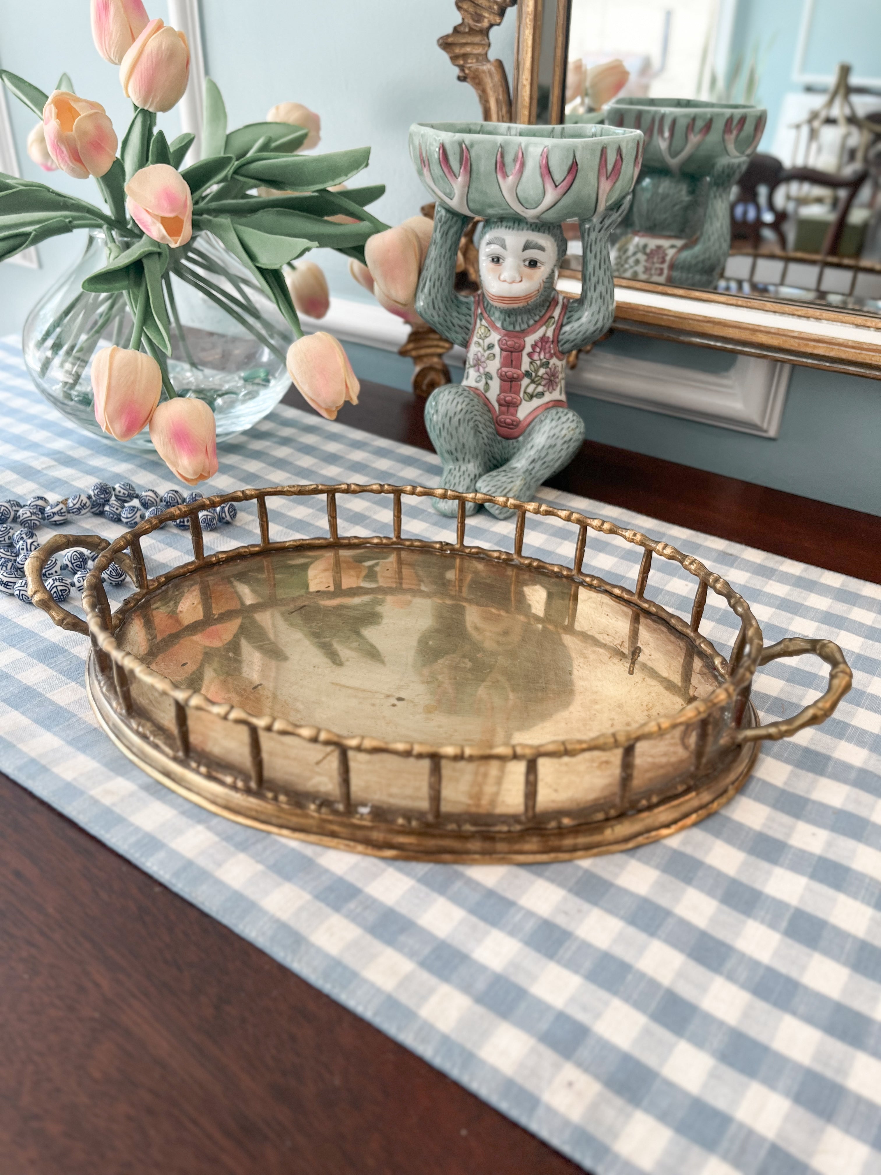 Vintage Brass Bamboo Tray, 14.5”