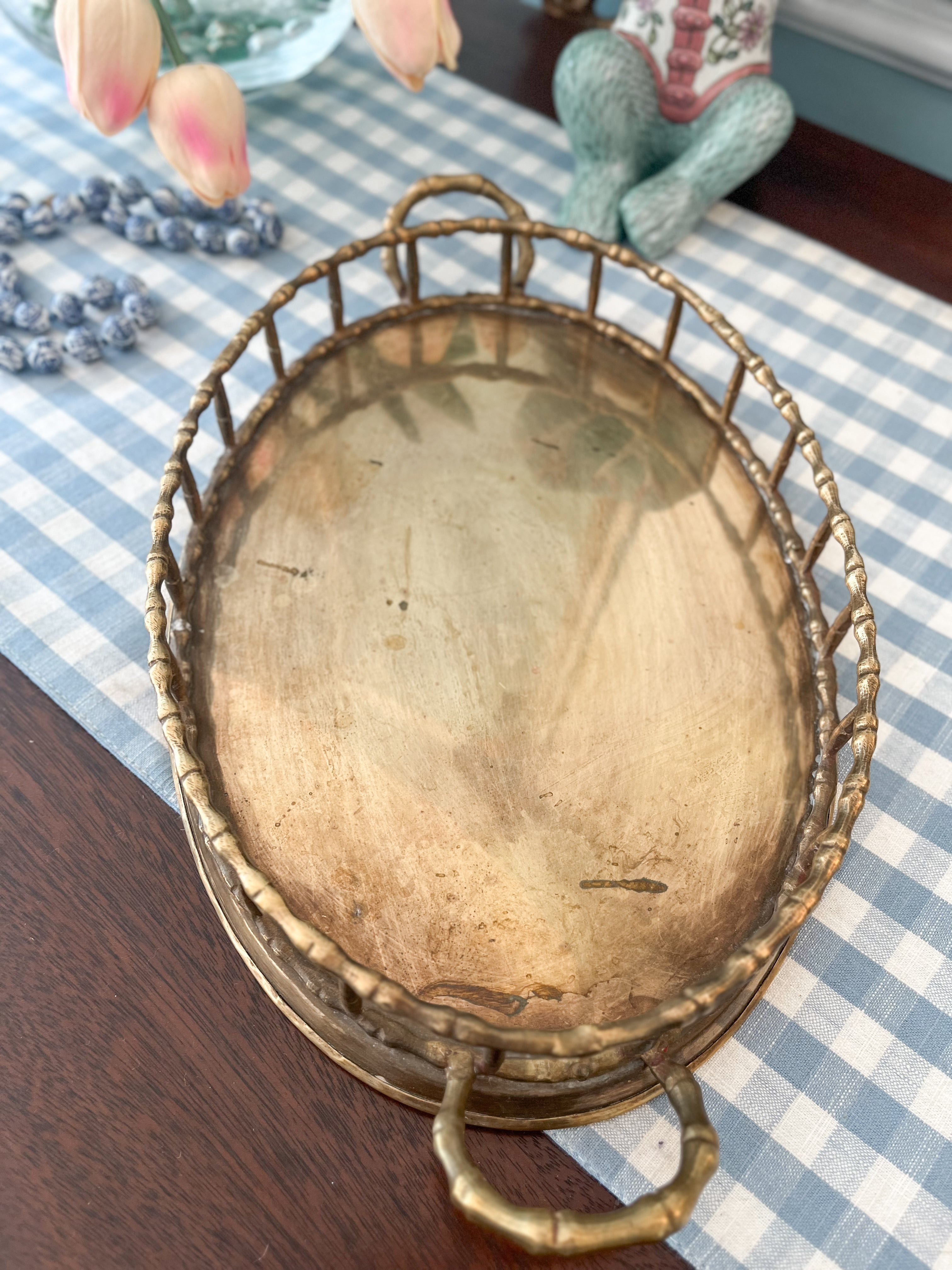 Vintage Brass Bamboo Tray, 14.5”