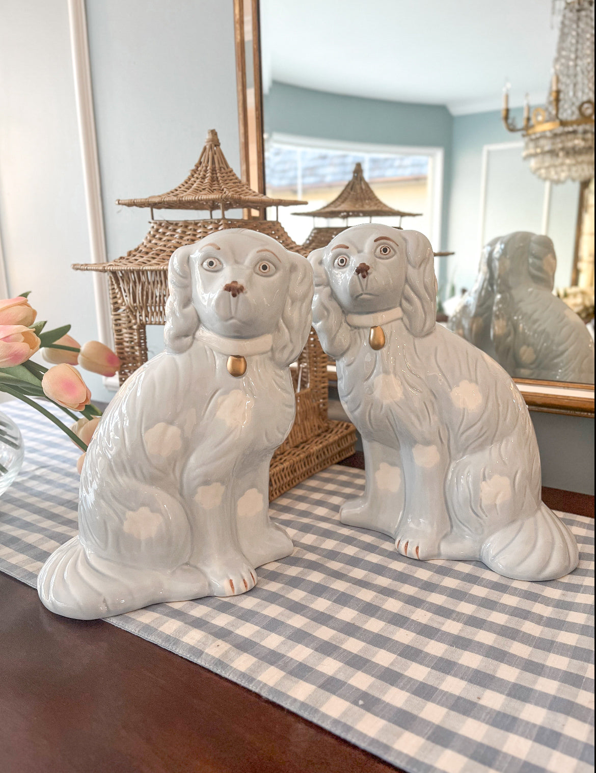 Pair of Large Blue and White Staffordshire-Style Dogs, 11”