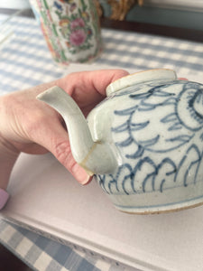Antique Blue and White Porcelain Teapot with Peony and Filigree Motif
