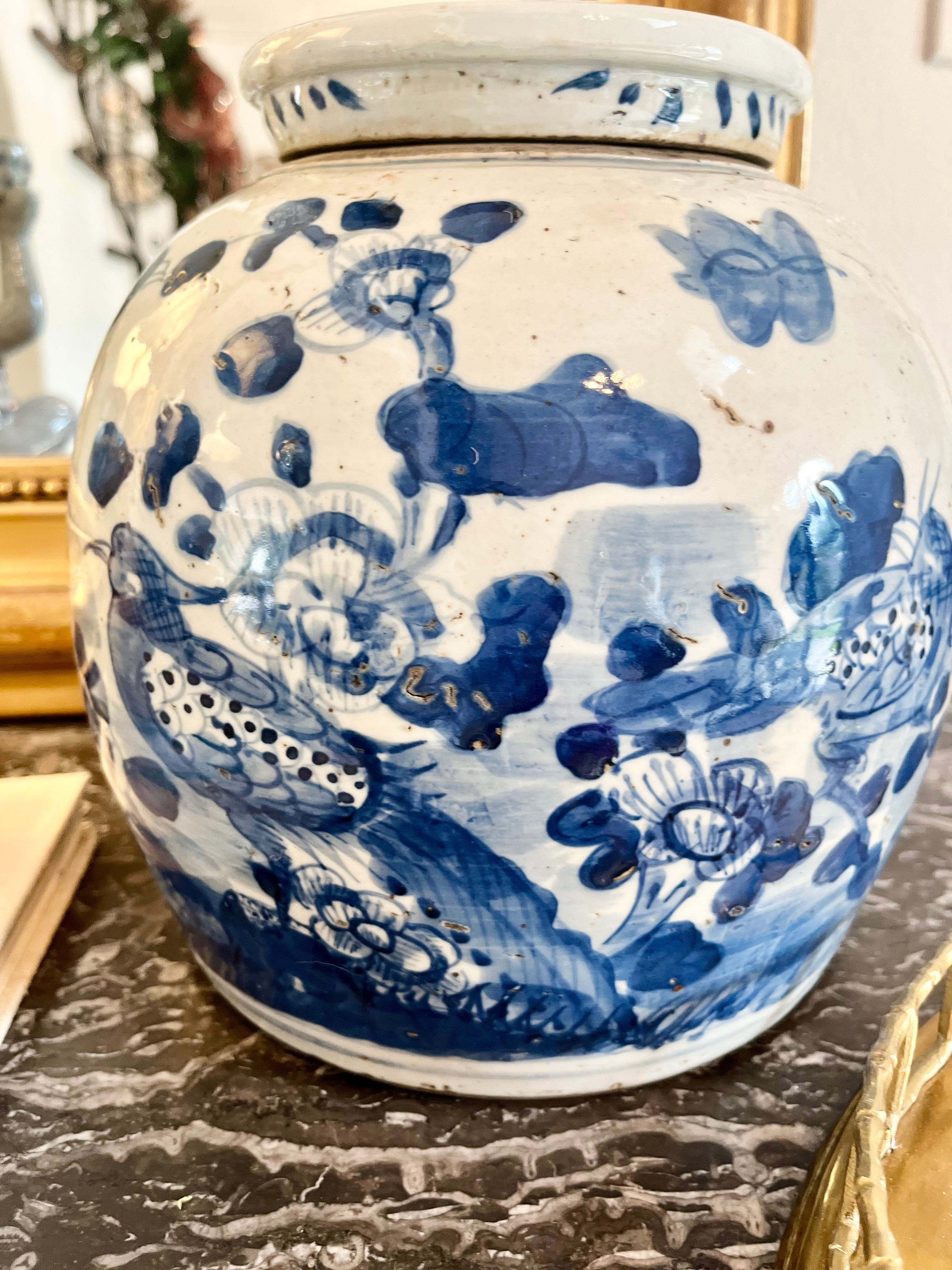 Antique-Style Blue & White Foot Stomp Bird Ginger Jar, 10”