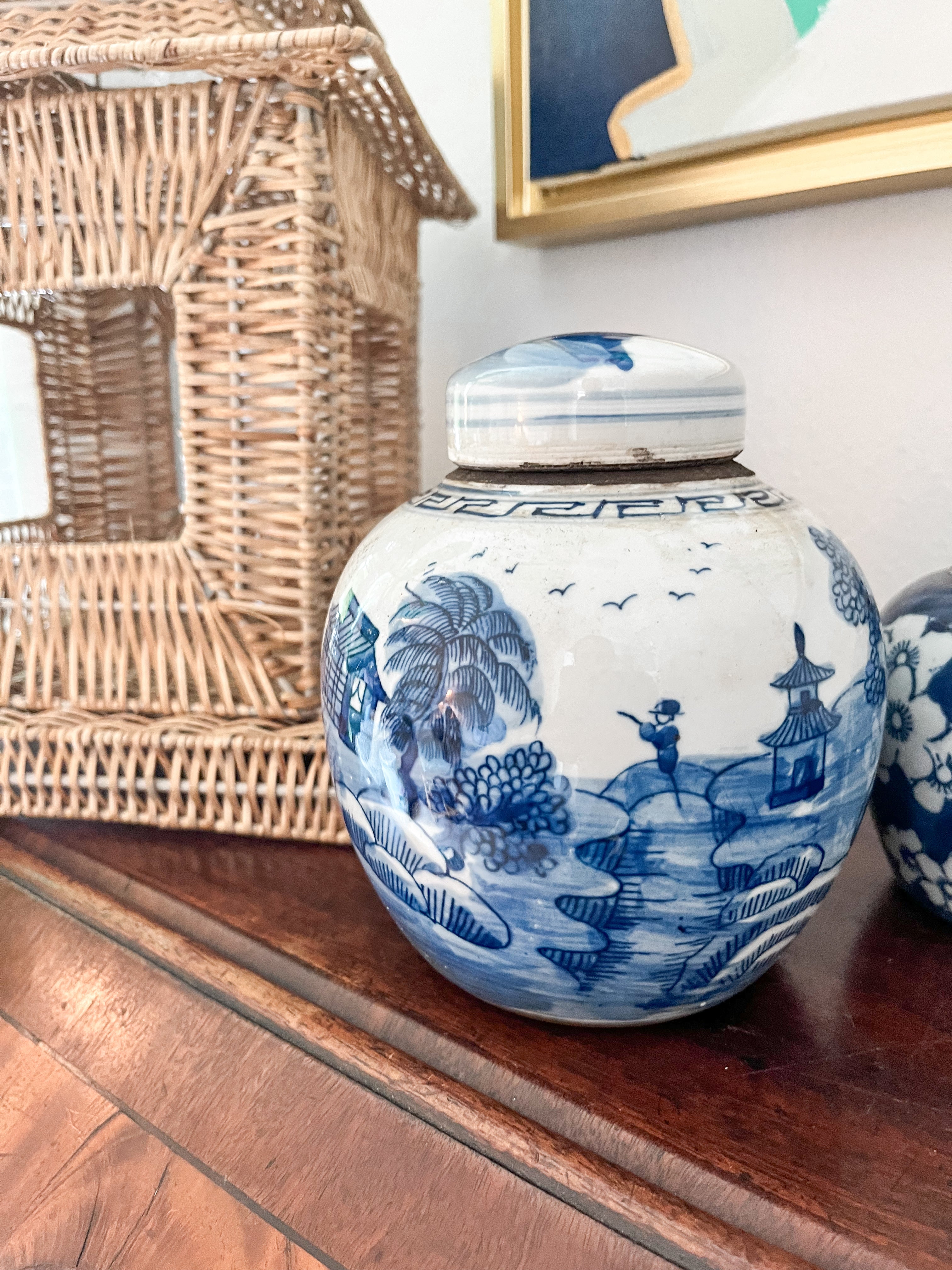 Antique-Style Blue and White Ginger Jar with Landscape Pattern “B”, 6.5"