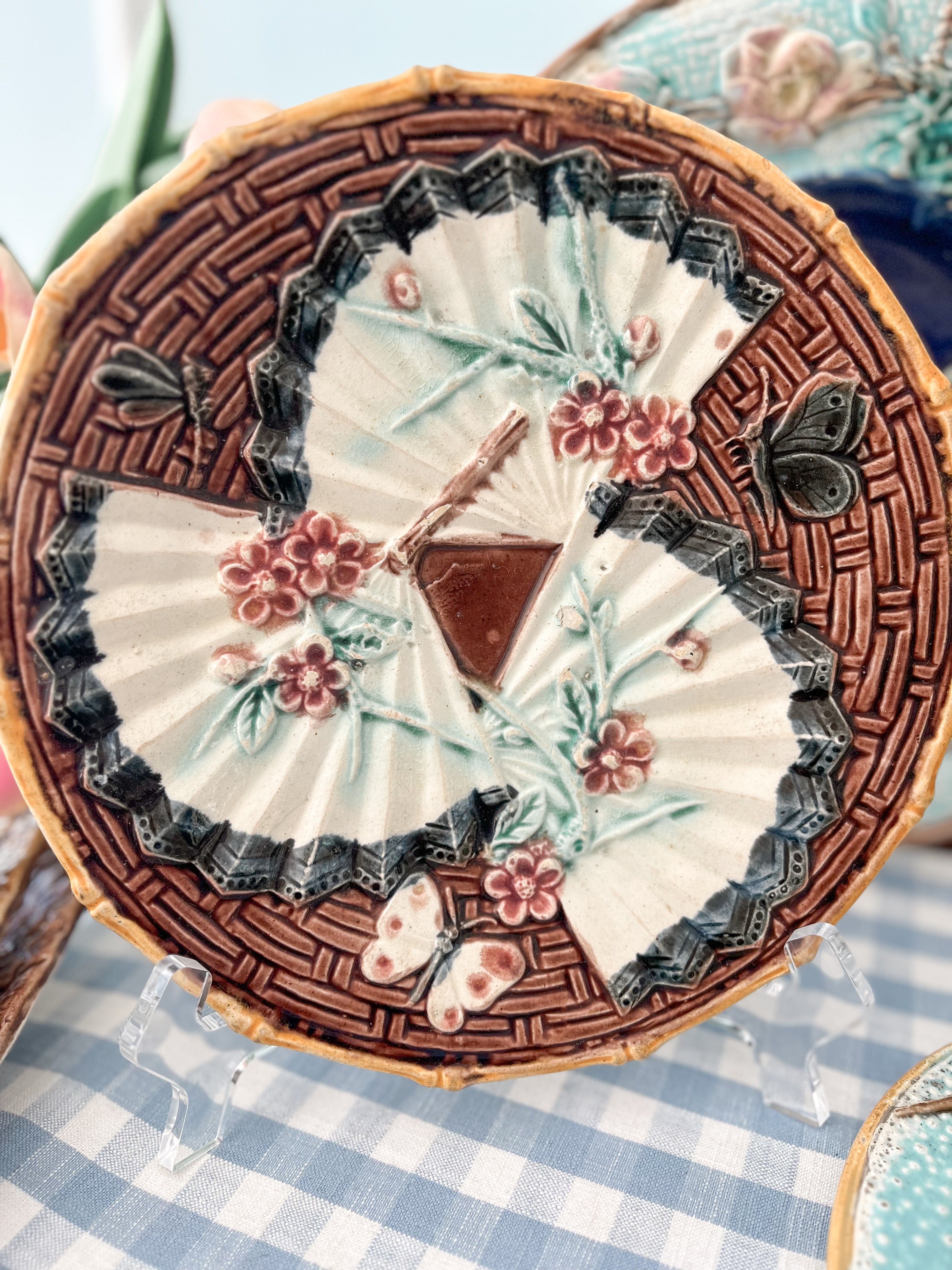 Antique (1880s) Rare Majolica Plate with Basketweave and Fan Detail, 9"