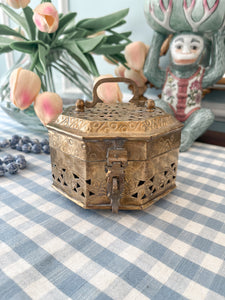 Vintage Hexagonal Brass Cricket Box w/ Floral Details, 5"