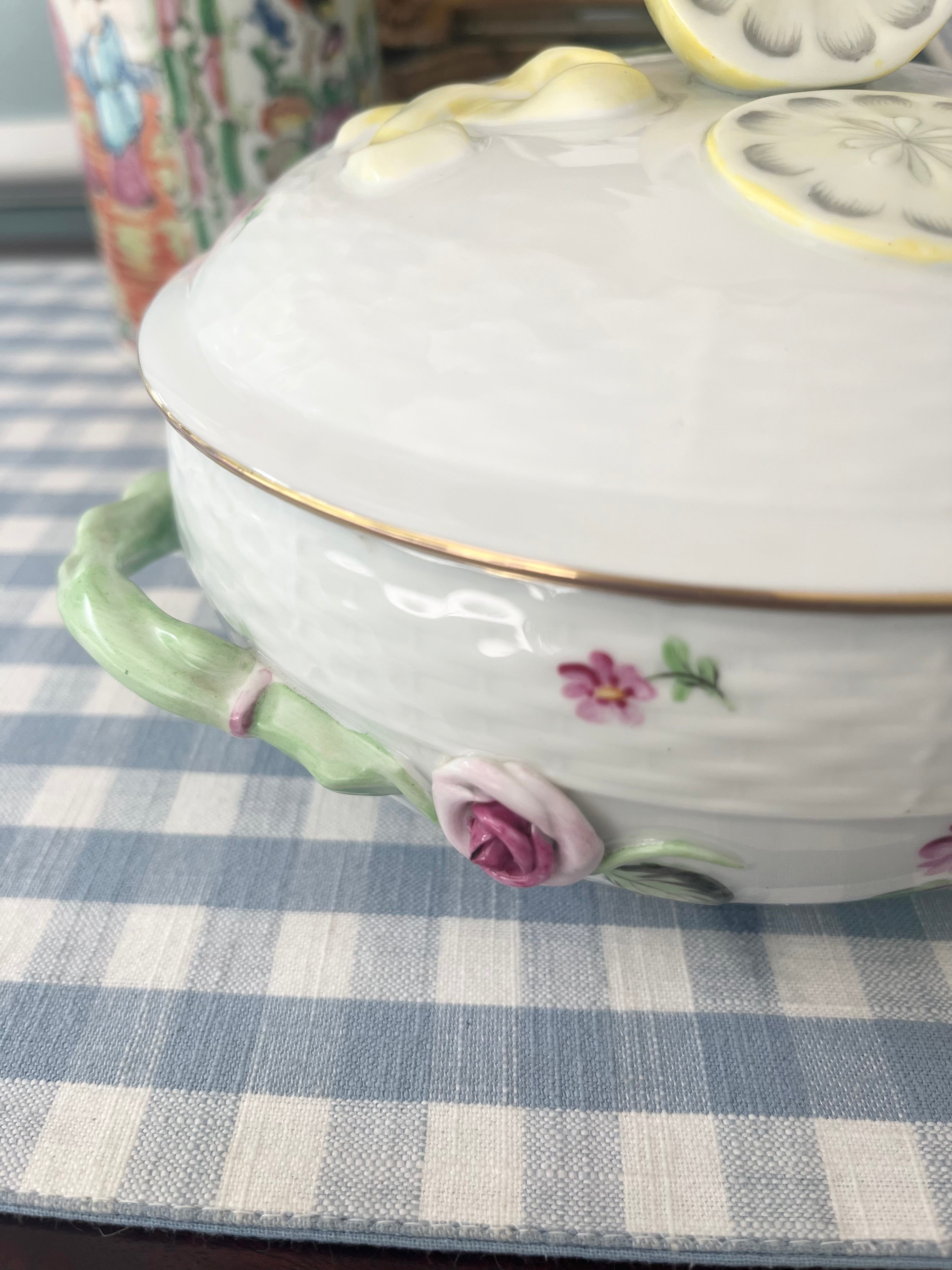Vintage Herend Two-Piece Lidded Server with Lemon and Rose Motif, 8”