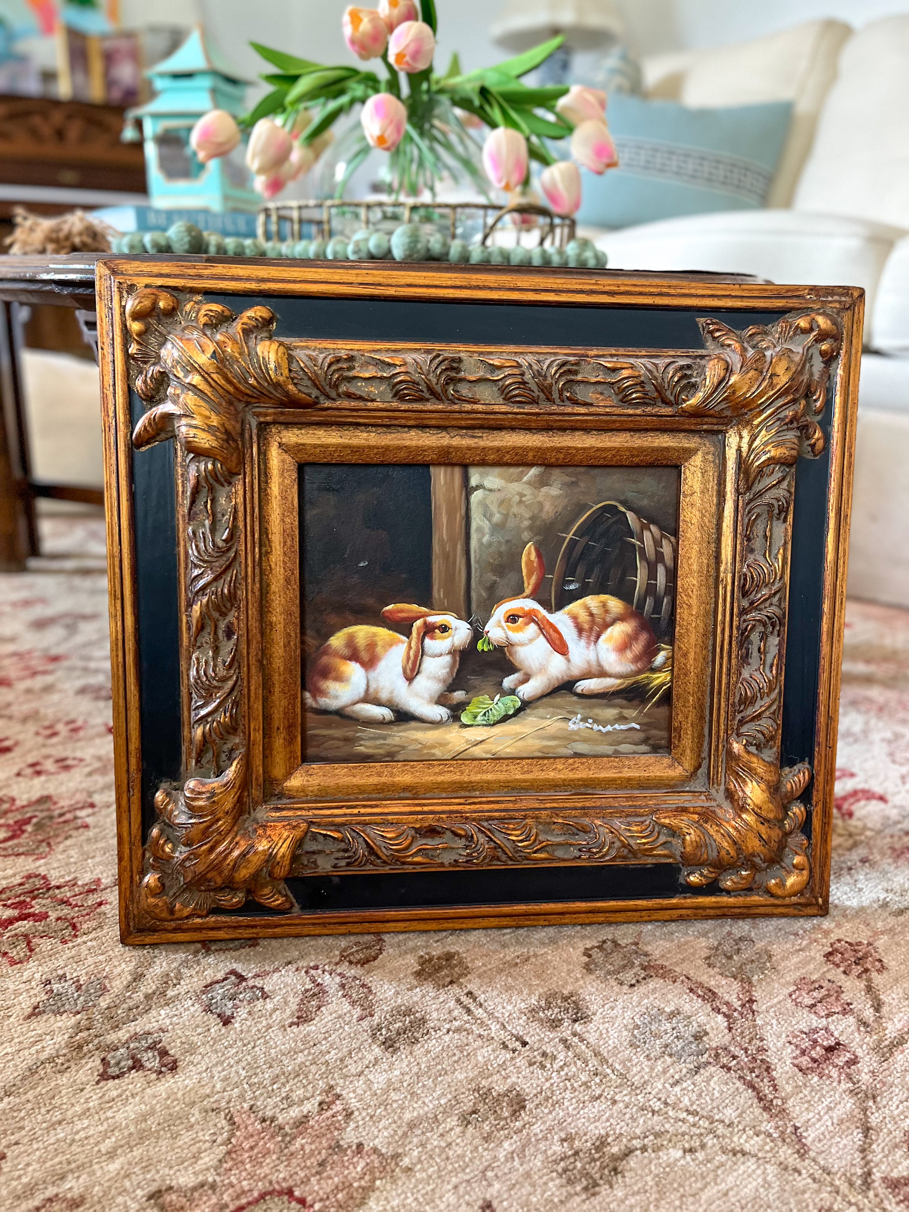 Hand Painted Oil with Elaborate Frame, Bunnies B, 18”x16”x1.5"
