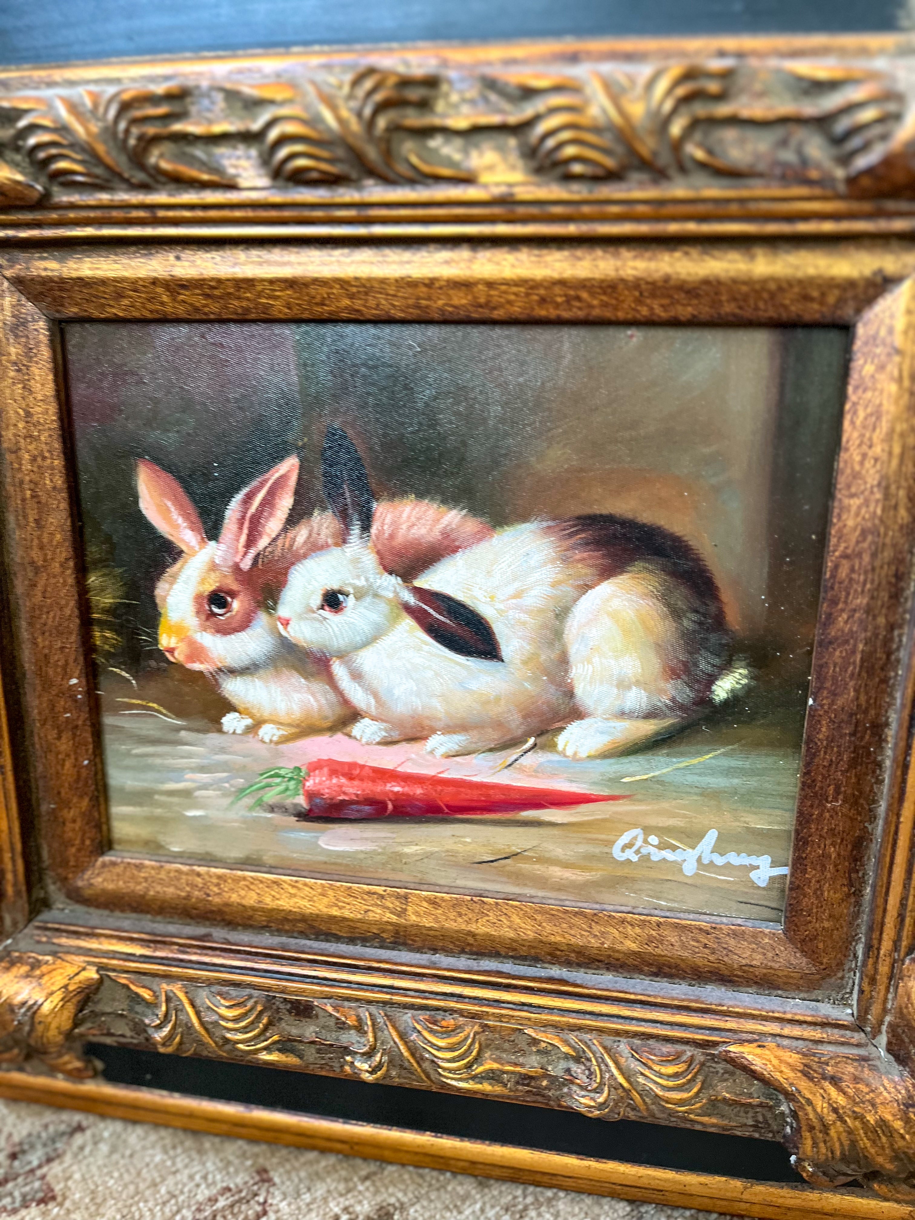 Hand Painted Oil with Elaborate Frame, Bunnies A, 18”x16”x1.5”