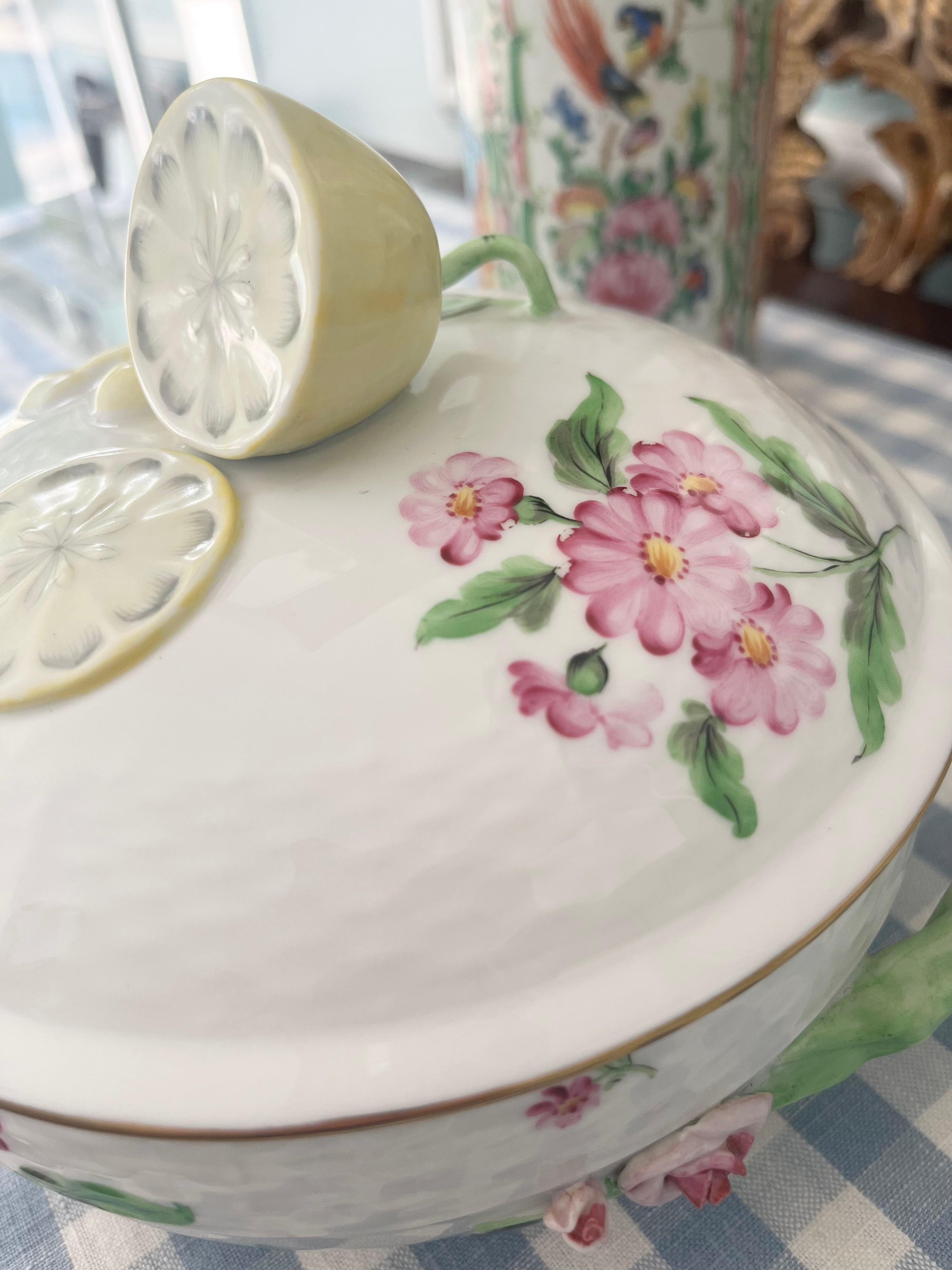 Vintage Herend Two-Piece Lidded Server with Lemon and Rose Motif, 8”
