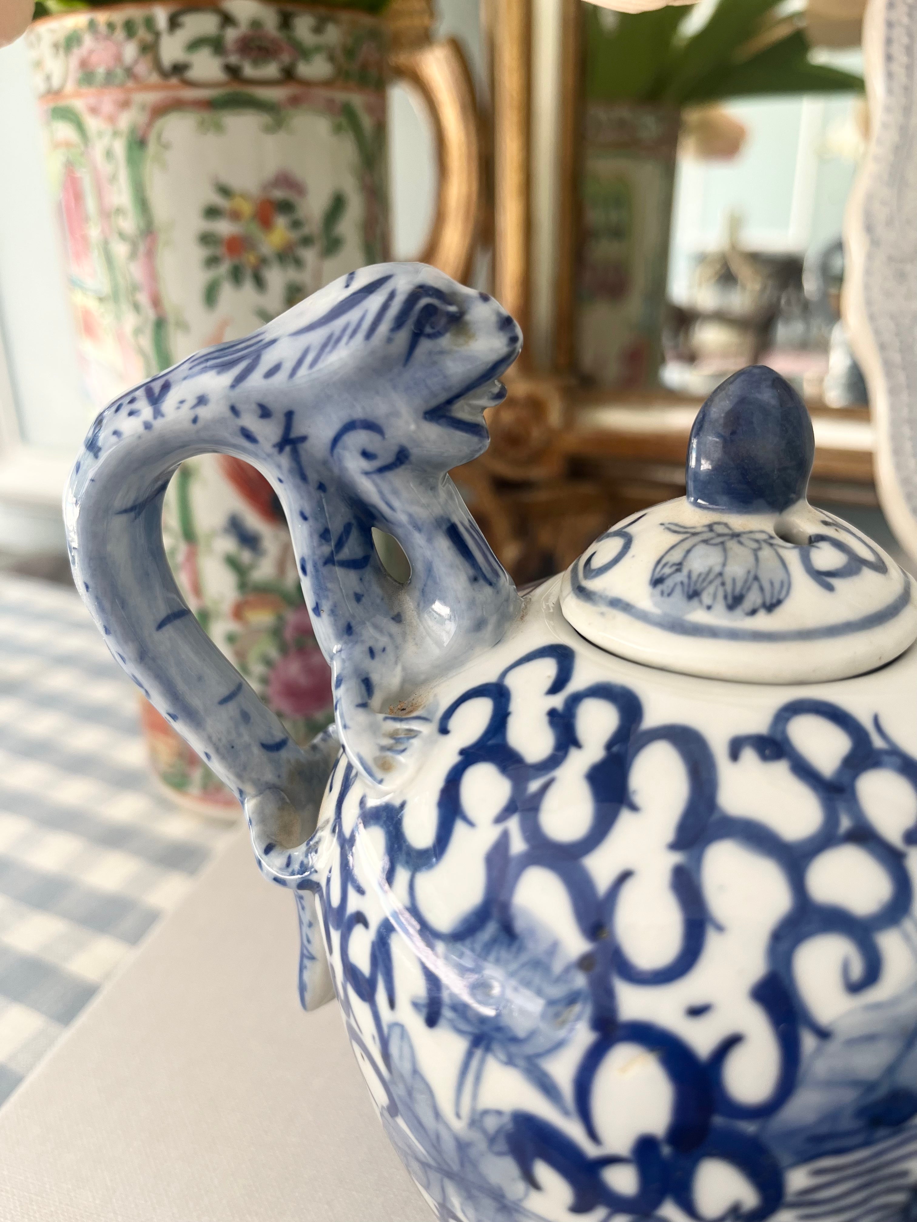 Vintage Blue and White Teapot with Foo Details