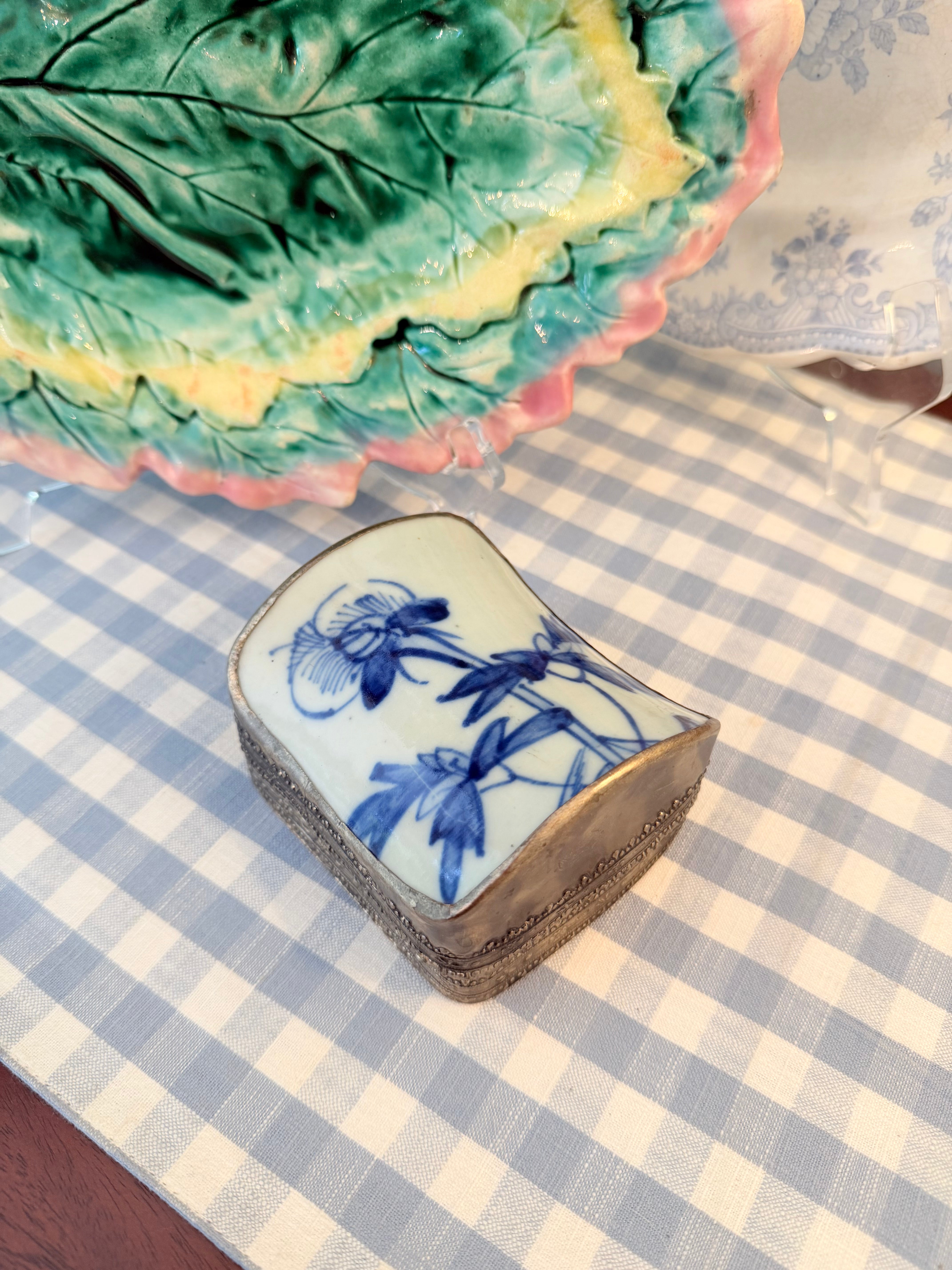 Vintage Blue and White Porcelain Shard Box with Floral Motif, 4”