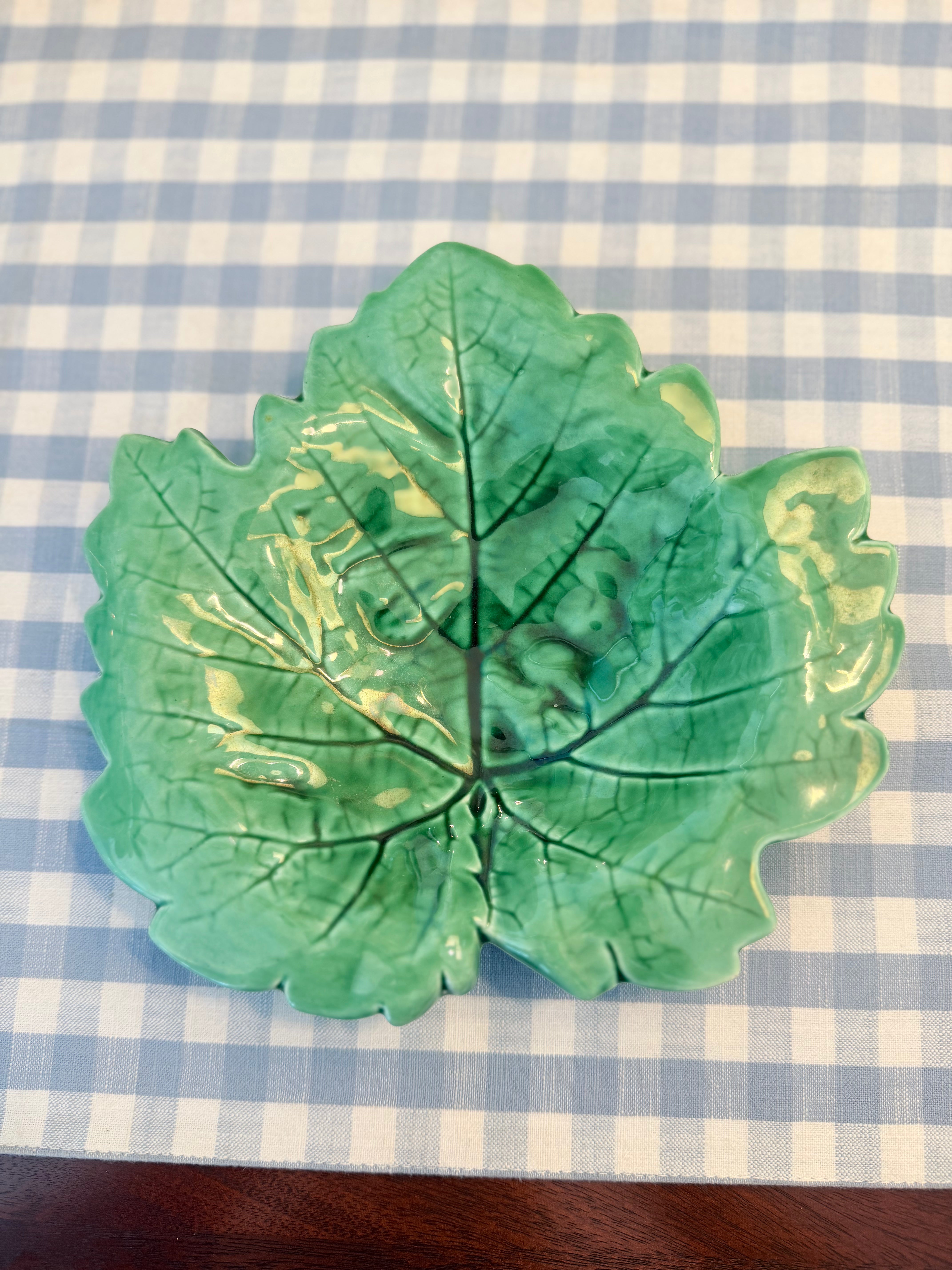Vintage French Sarraguemines Majolica Green Oak Leaf Dish, 8”