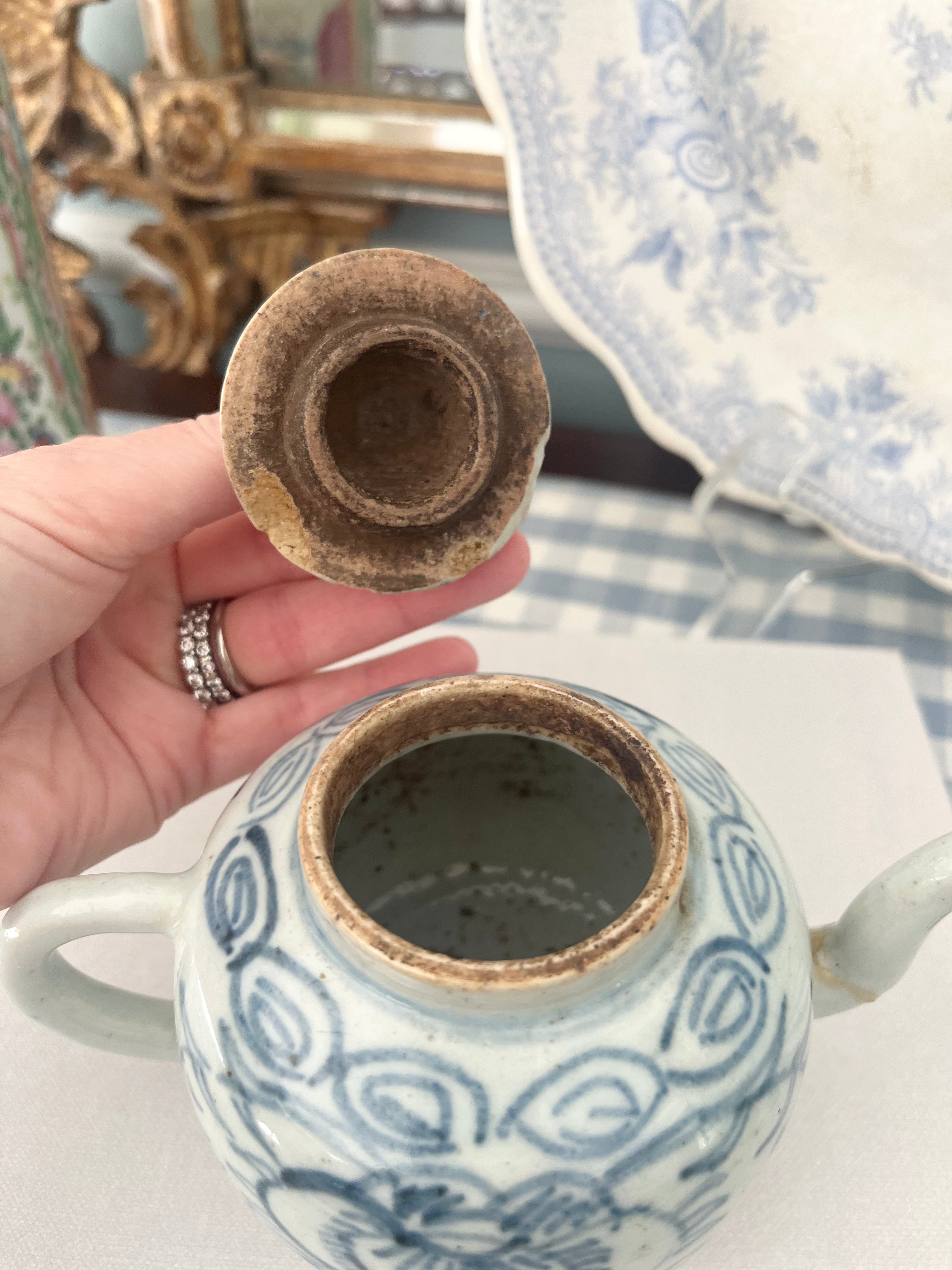 Antique Blue and White Porcelain Teapot with Peony and Filigree Motif