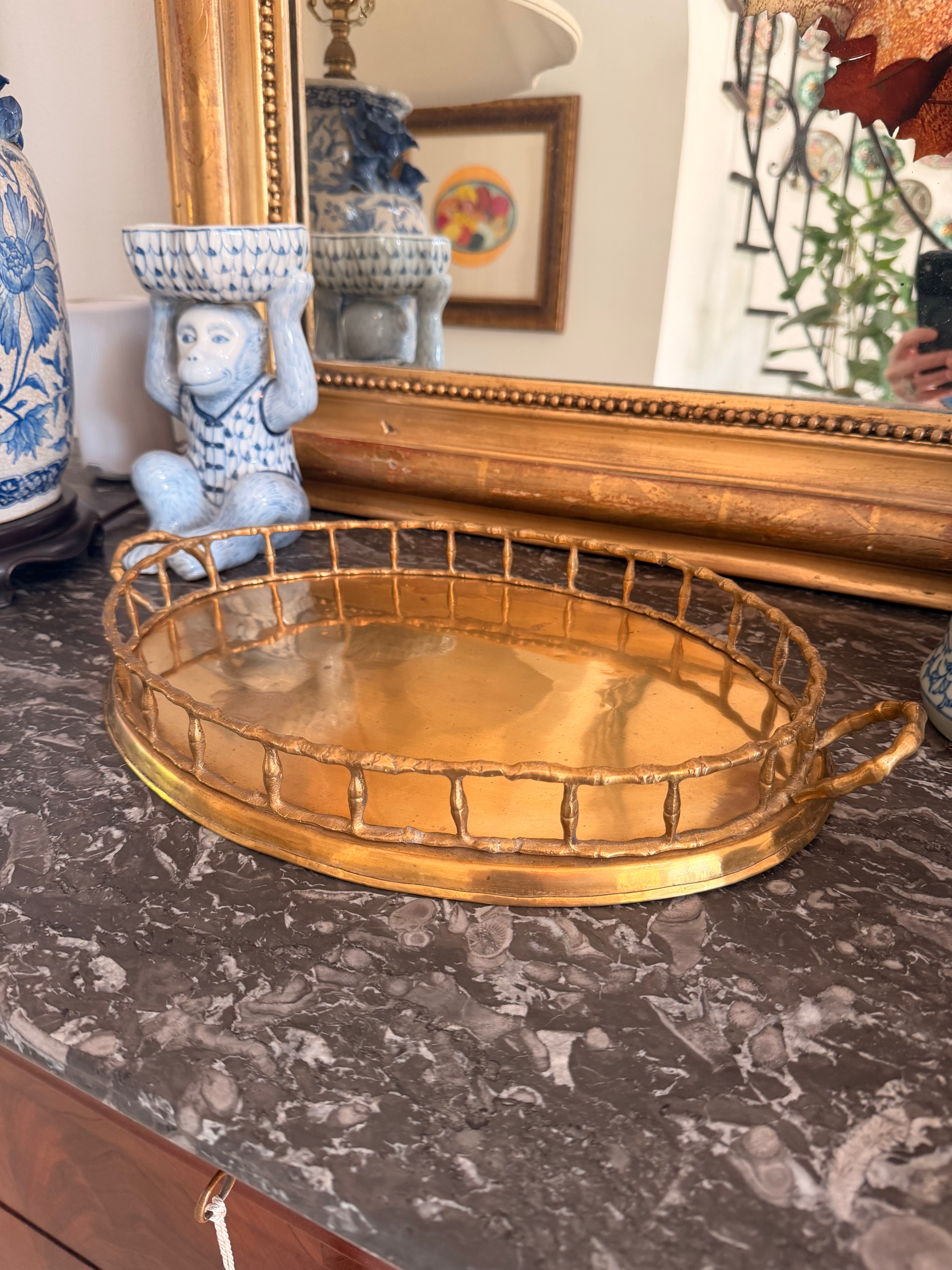Vintage Brass Bamboo Tray, 16.5”
