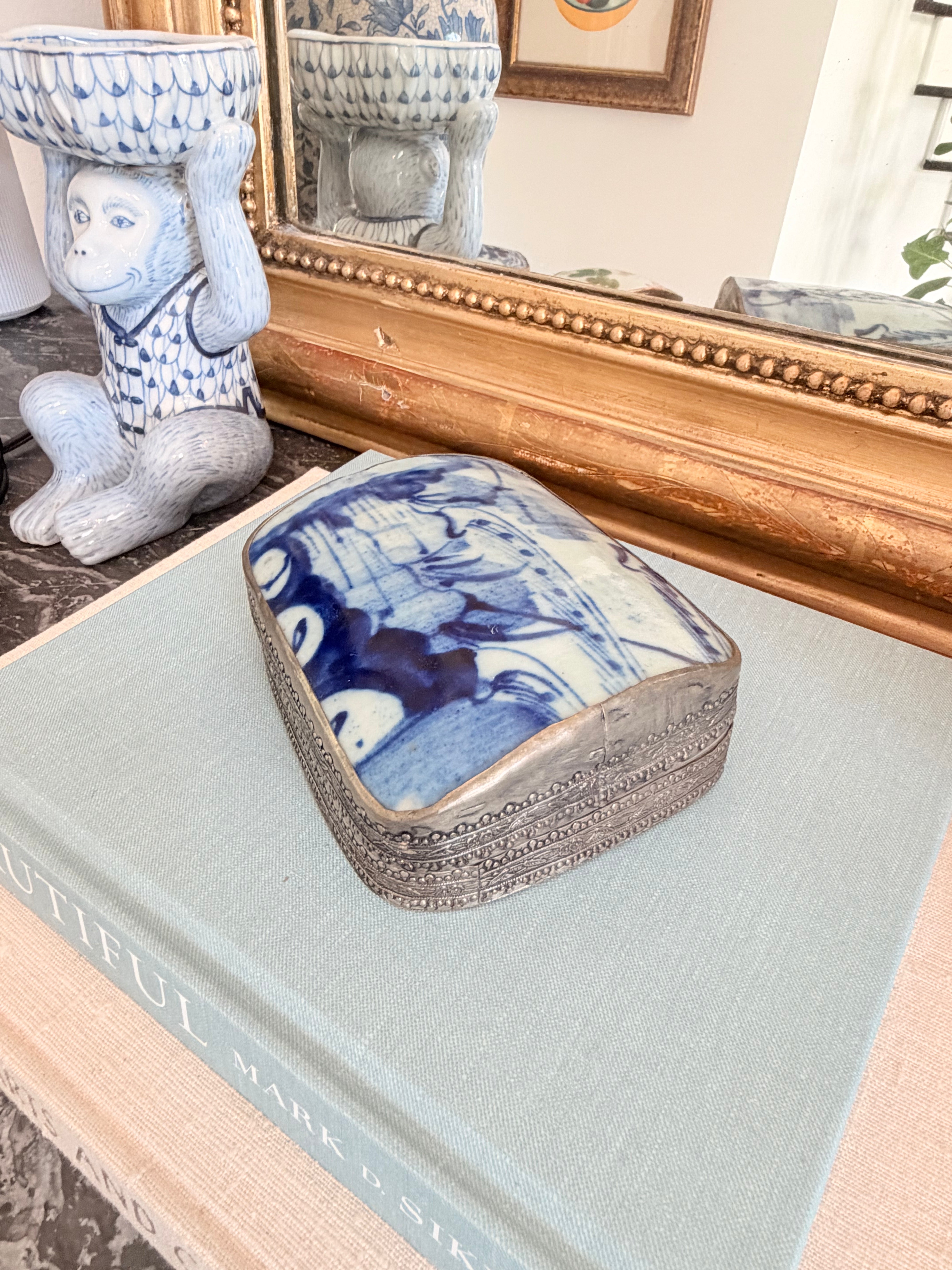 Vintage Blue and White Porcelain Shard Box with Floral Motif, 5”