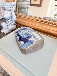 Vintage Blue and White Porcelain Shard Box with Floral Motif, 5”