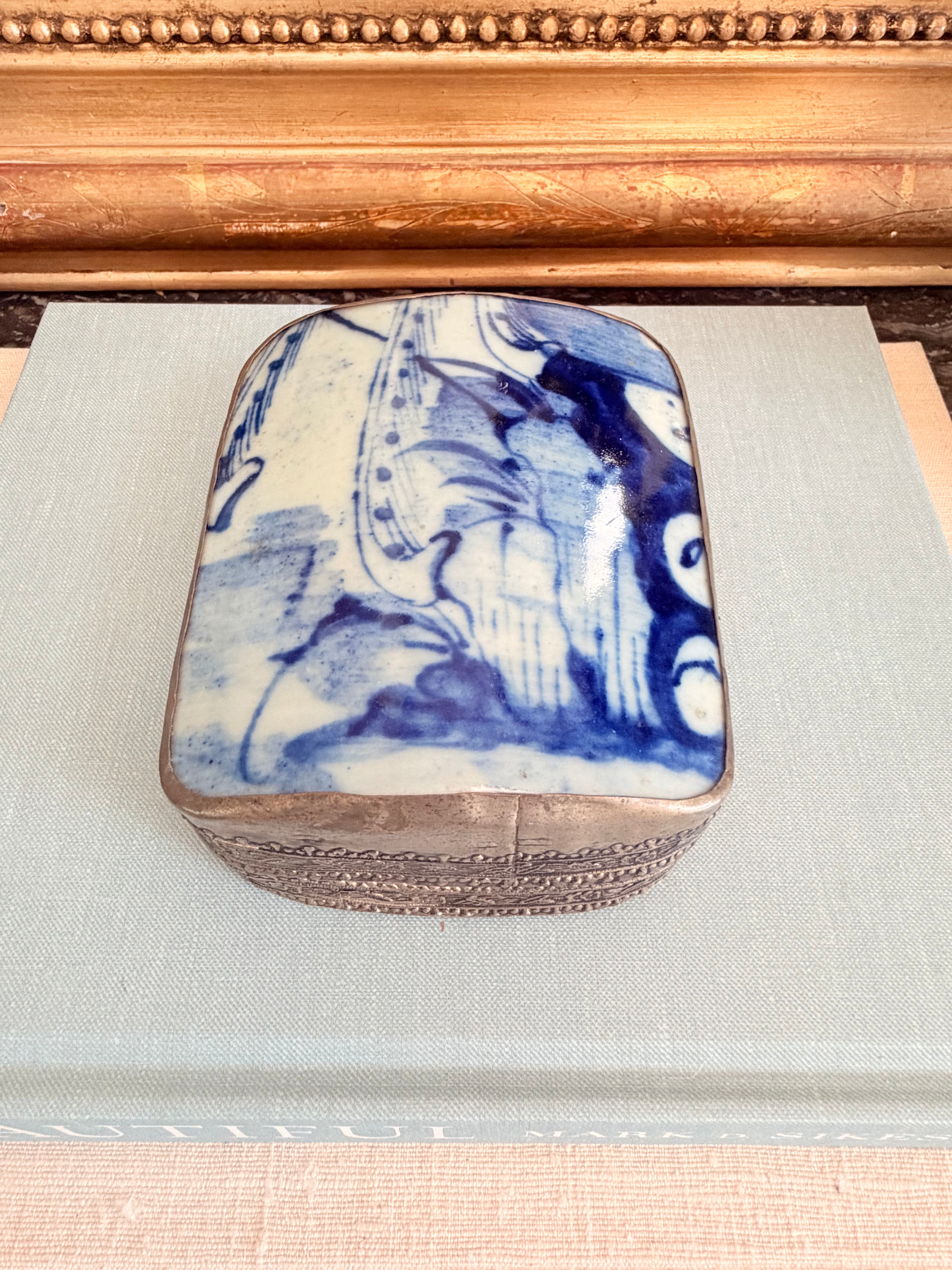 Vintage Blue and White Porcelain Shard Box with Floral Motif, 5”