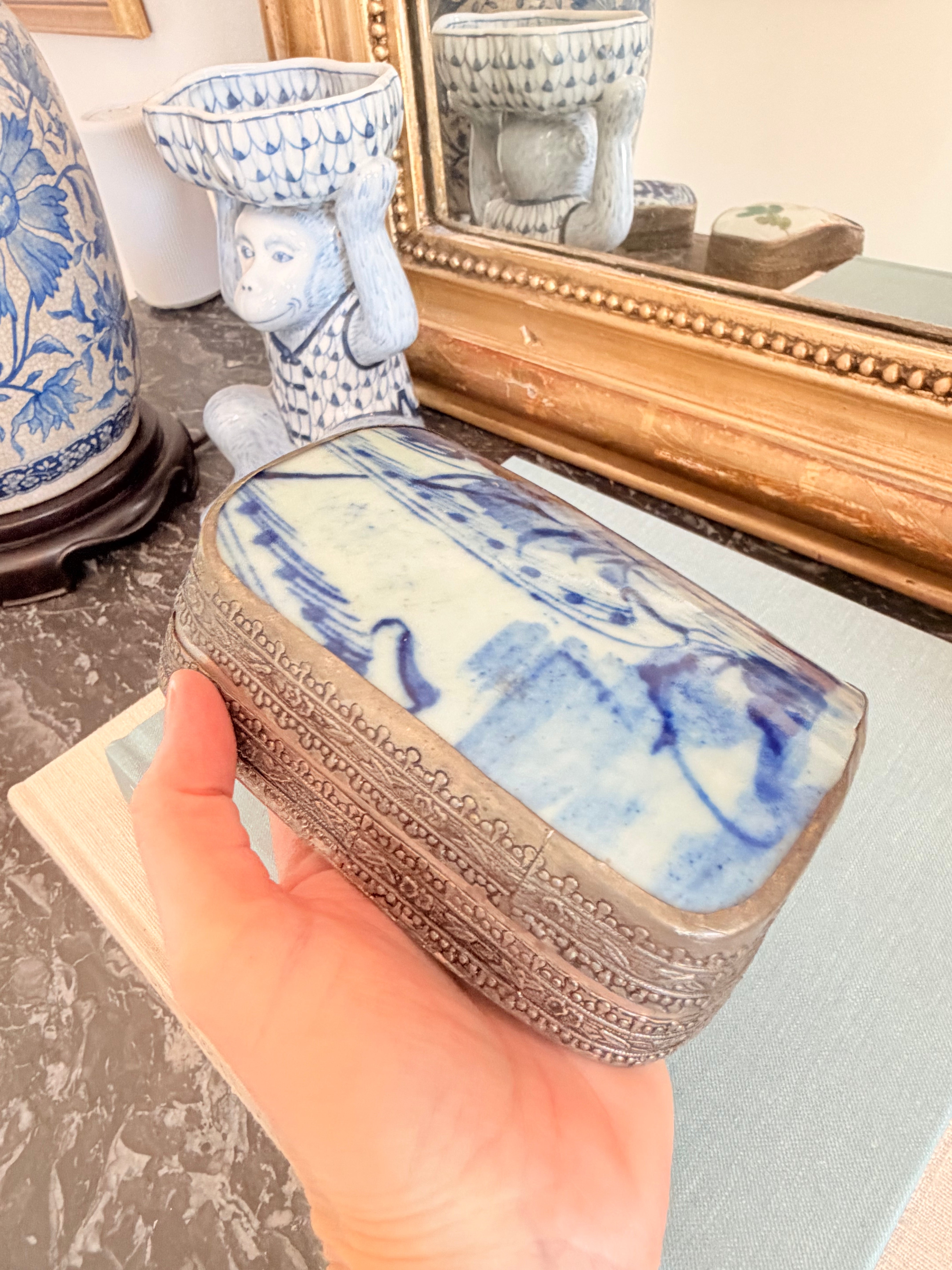 Vintage Blue and White Porcelain Shard Box with Floral Motif, 5”