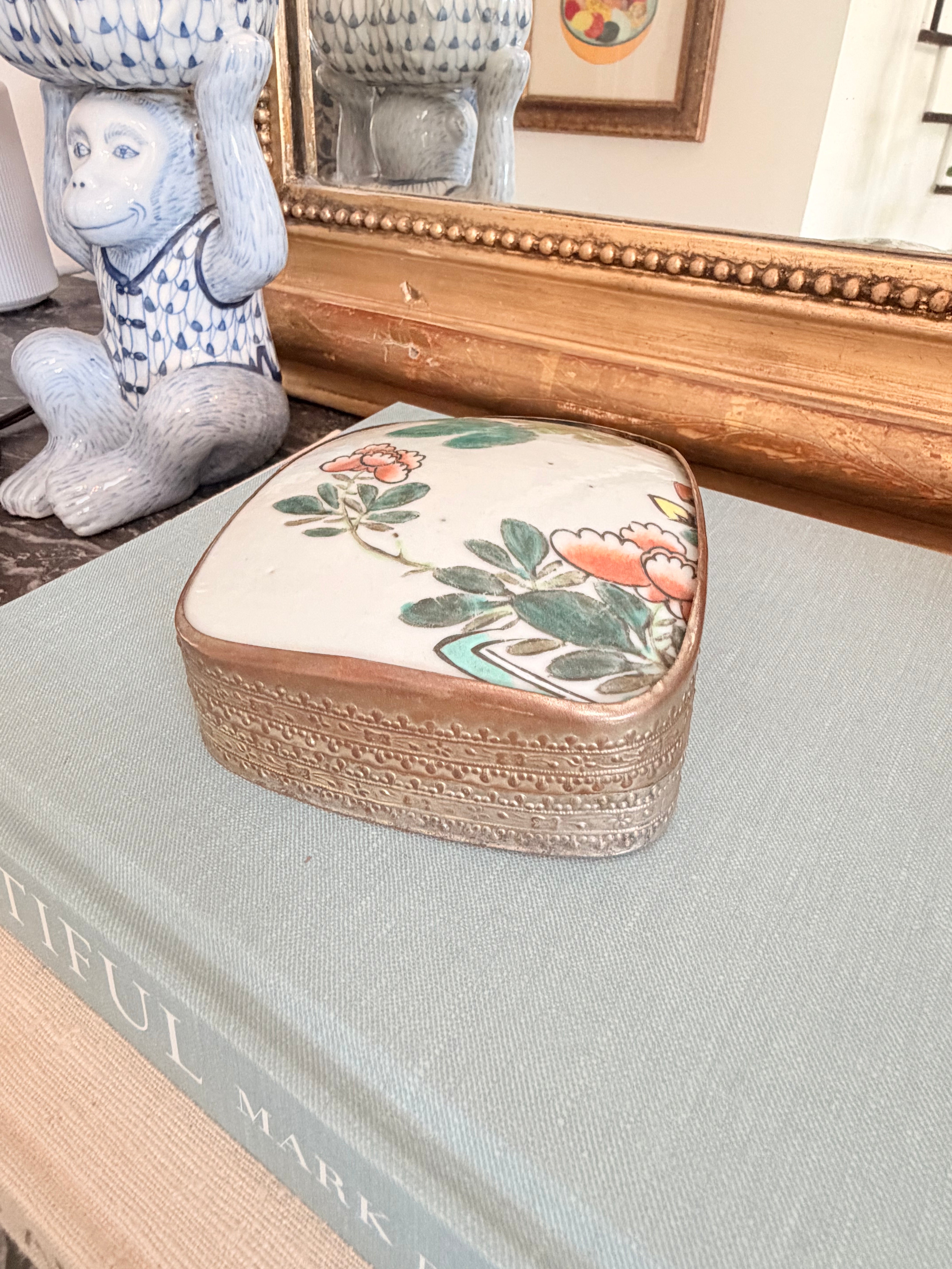 Vintage Porcelain Shard Box with Floral Detail, 5”