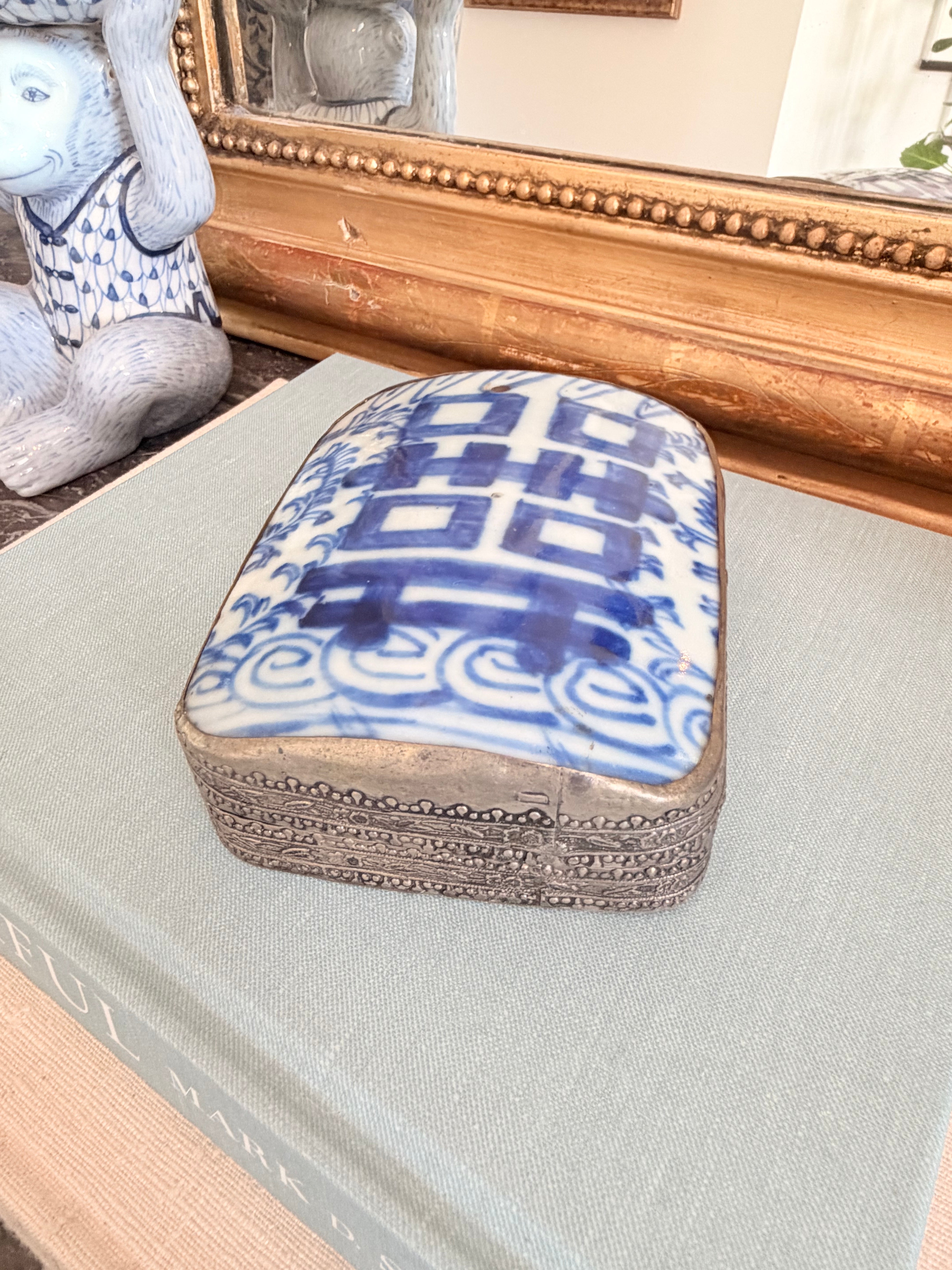 Vintage Blue and White Porcelain Shard Box with Double Happiness Pattern, 5”