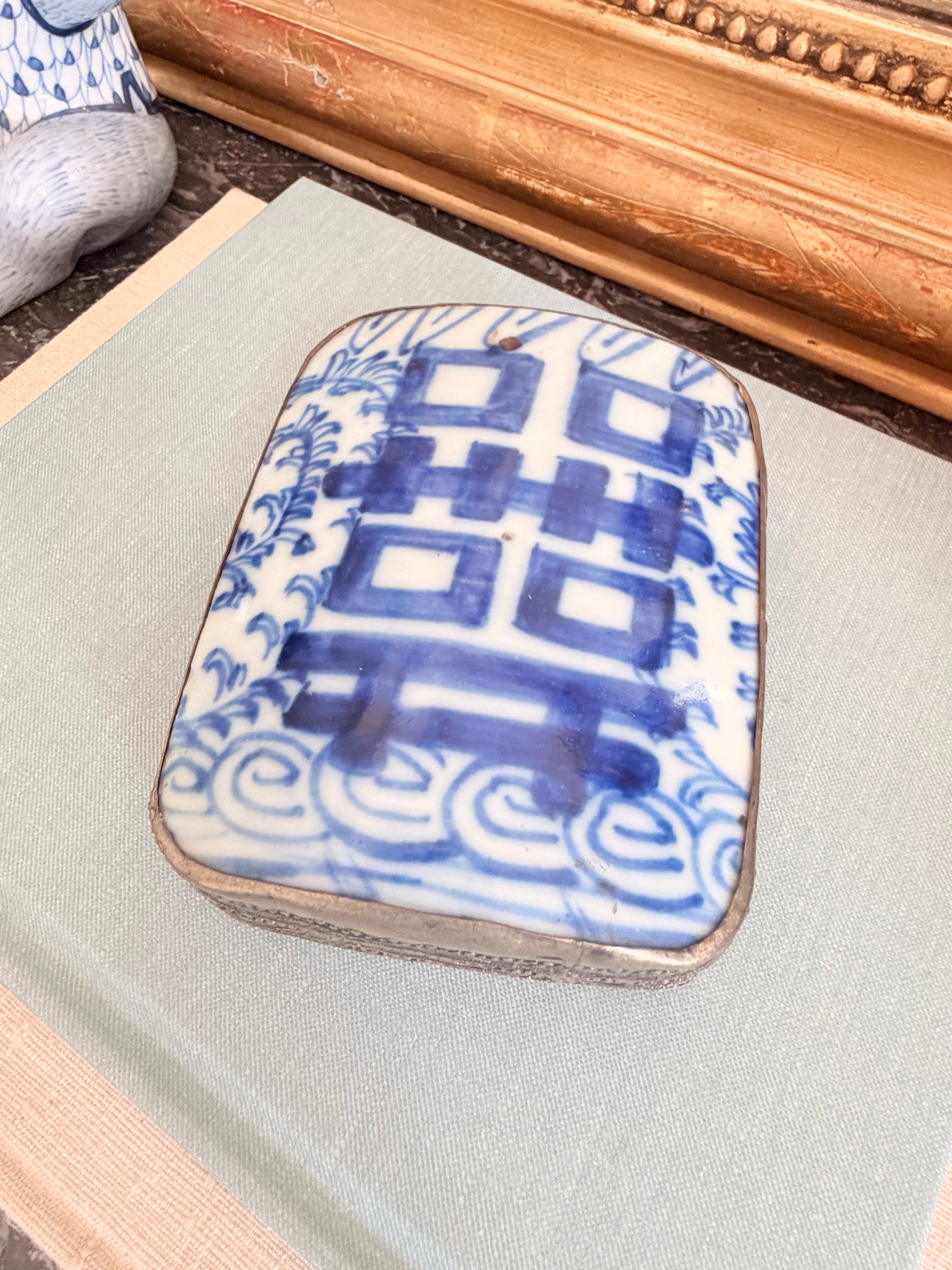 Vintage Blue and White Porcelain Shard Box with Double Happiness Pattern, 5”