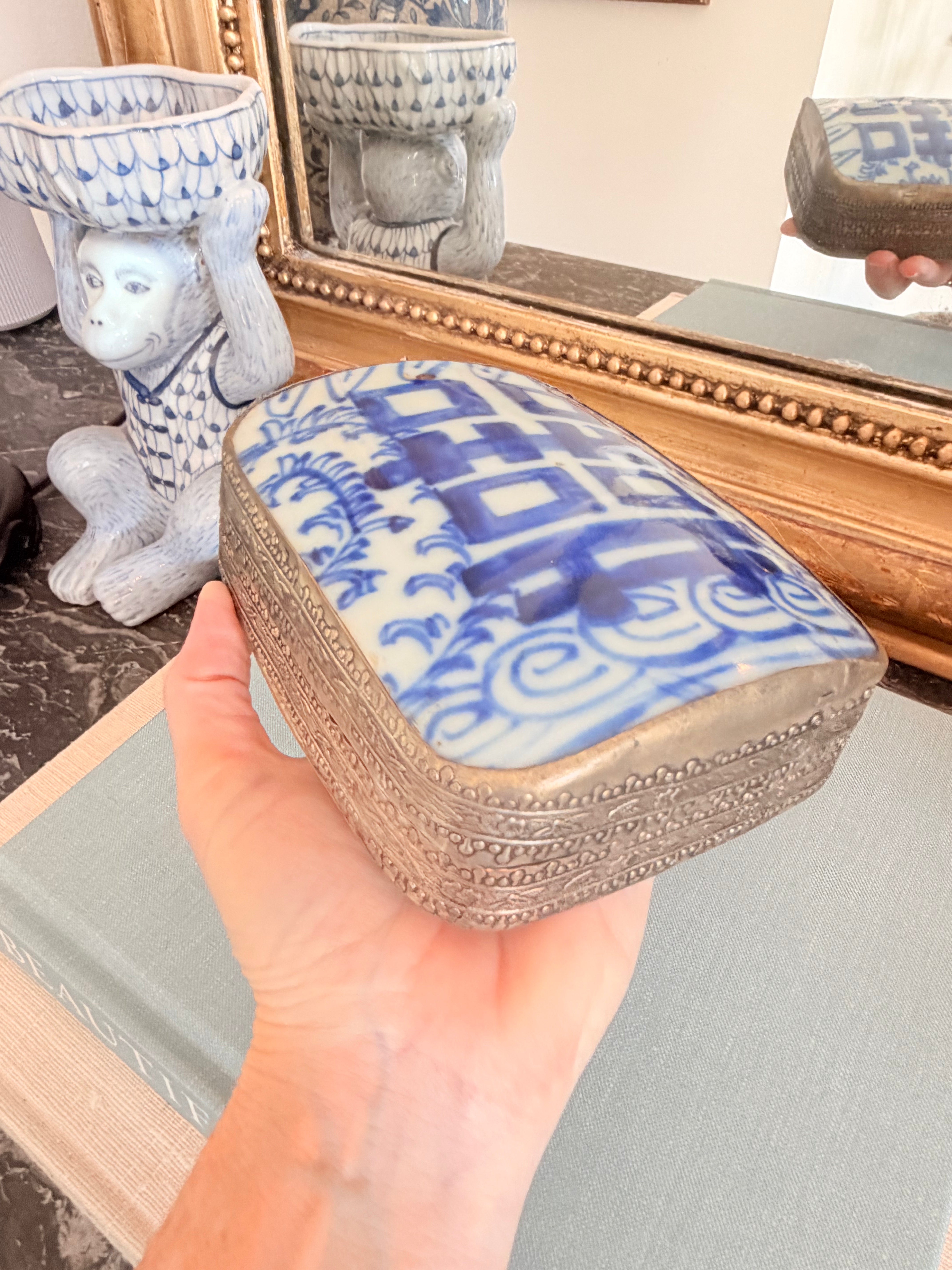 Vintage Blue and White Porcelain Shard Box with Double Happiness Pattern, 5”