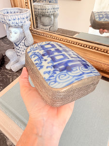 Vintage Blue and White Porcelain Shard Box with Double Happiness Pattern, 5”