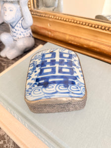 Vintage Blue and White Porcelain Shard Box with Double Happiness Pattern, 5”